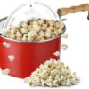 Stovetop Popcorn Maker – 6.5-Quart Popper Pan with Wooden Crank Handle and Internal Kernel Stirrer by Great Northern Popcorn (Red)