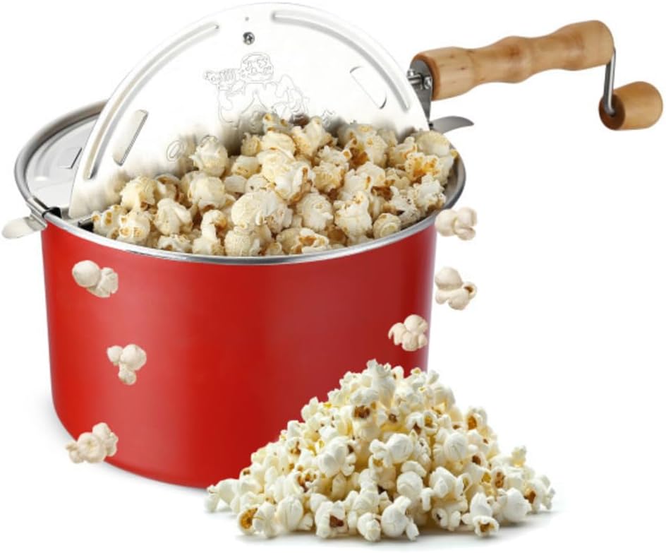 Stovetop Popcorn Maker – 6.5-Quart Popper Pan with Wooden Crank Handle and Internal Kernel Stirrer by Great Northern Popcorn (Red) Stovetop Popcorn Maker – 6.5-Quart Popper Pan with Wooden Crank Handle and Internal Kernel Stirrer by Great Northern Popcorn (Red)