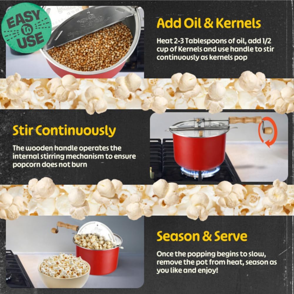Stovetop Popcorn Maker – 6.5-Quart Popper Pan with Wooden Crank Handle and Internal Kernel Stirrer by Great Northern Popcorn (Red)1