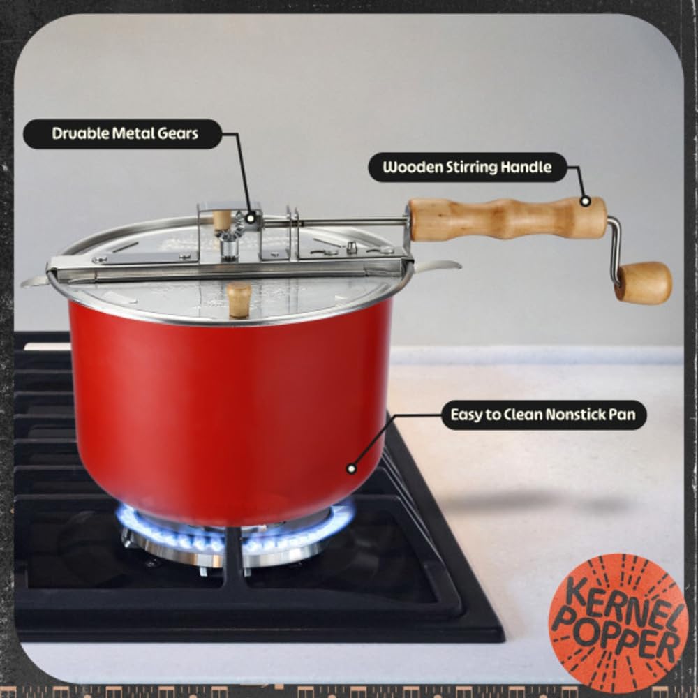 Stovetop Popcorn Maker – 6.5-Quart Popper Pan with Wooden Crank Handle and Internal Kernel Stirrer by Great Northern Popcorn (Red)2