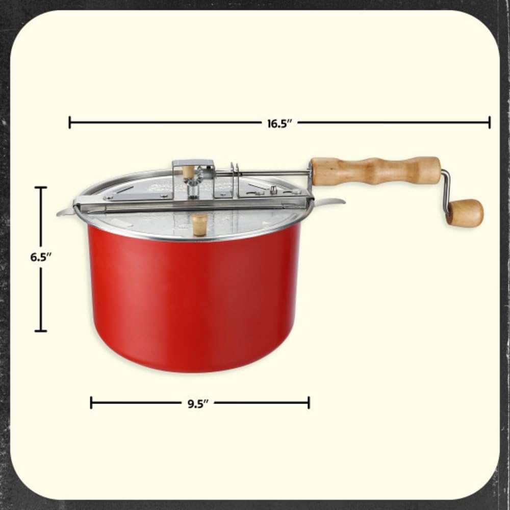 Stovetop Popcorn Maker – 6.5-Quart Popper Pan with Wooden Crank Handle and Internal Kernel Stirrer by Great Northern Popcorn (Red)7