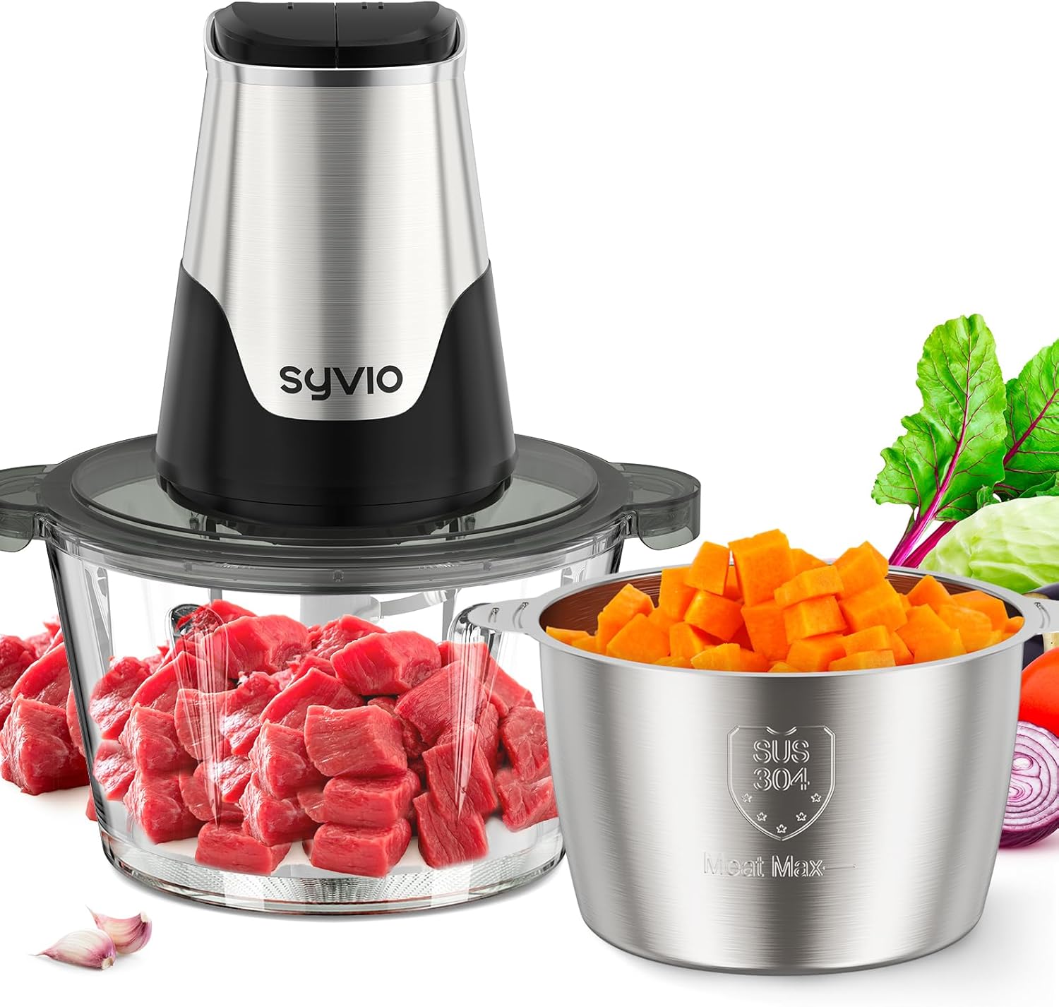 Syvio Food Processors with 2 Bowls, Meat Grinder 4 Bi-Level Blades, Mini Electric Food Chopper 450W, for Baby Food, Meat, Onion, Vegetables, 2 Speed, 8 Cup and 8 Cup Syvio Food Processors with 2 Bowls, Meat Grinder 4 Bi-Level Blades, Mini Electric Food Chopper 450W, for Baby Food, Meat, Onion, Vegetables, 2 Speed, 8 Cup and 8 Cup