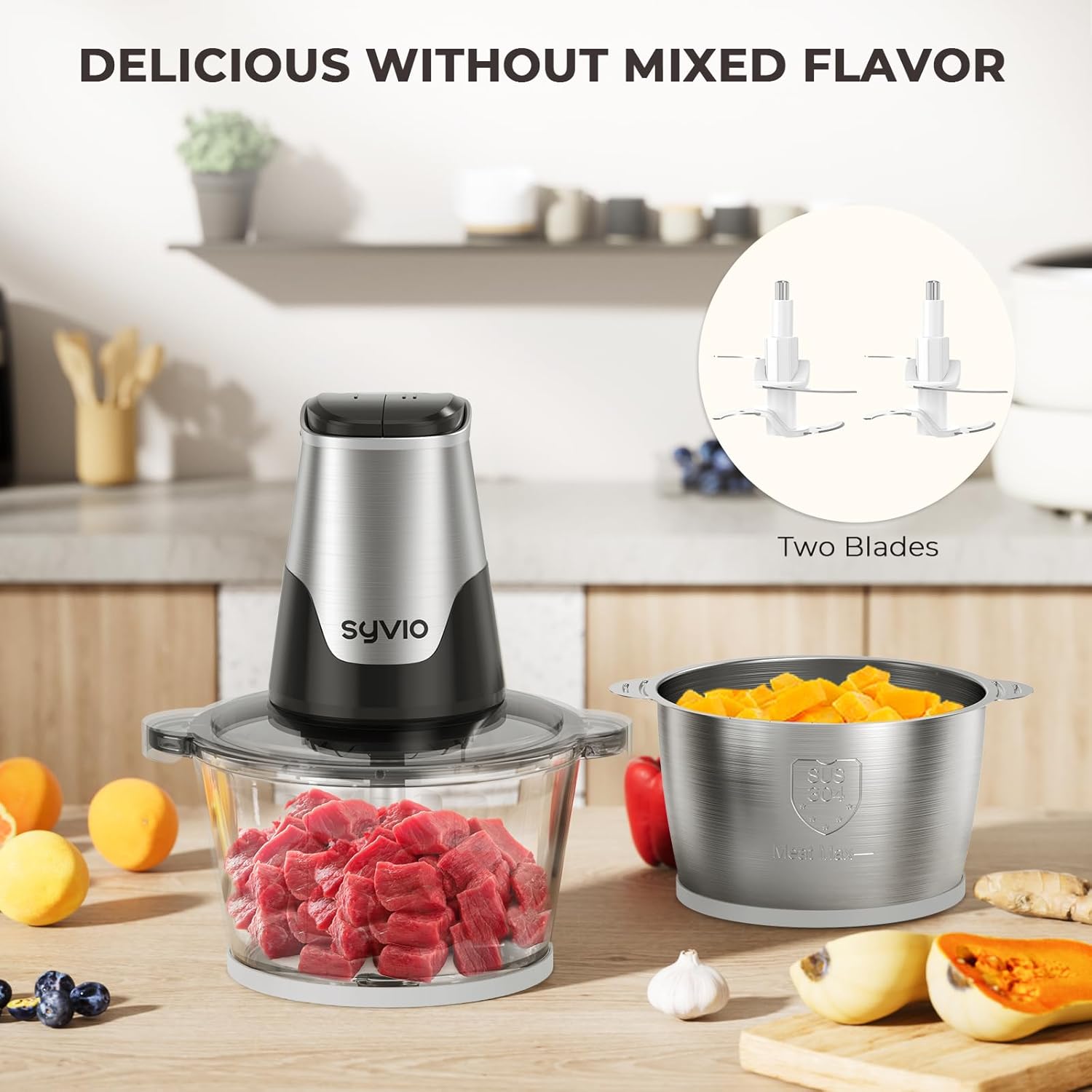Syvio Food Processors with 2 Bowls, Meat Grinder 4 Bi-Level Blades, Mini Electric Food Chopper 450W, for Baby Food, Meat, Onion, Vegetables, 2 Speed, 8 Cup and 8 Cup1