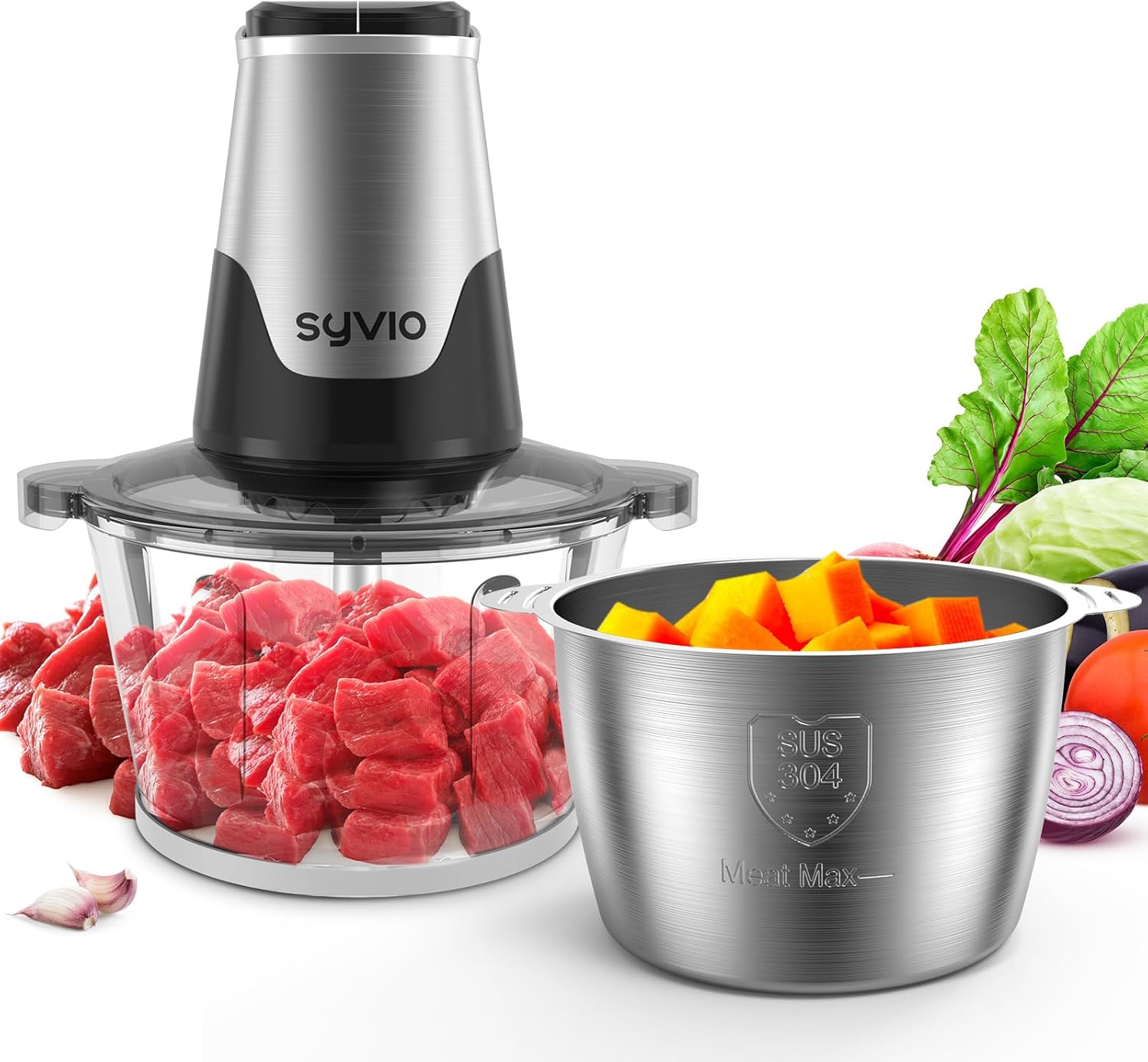 Syvio Food Processors with 2 Bowls, Meat Grinder 4 Bi-Level Blades, Mini Electric Food Chopper 450W, for Baby Food, Meat, Onion, Vegetables, 2 Speed, 8 Cup and 8 Cup21