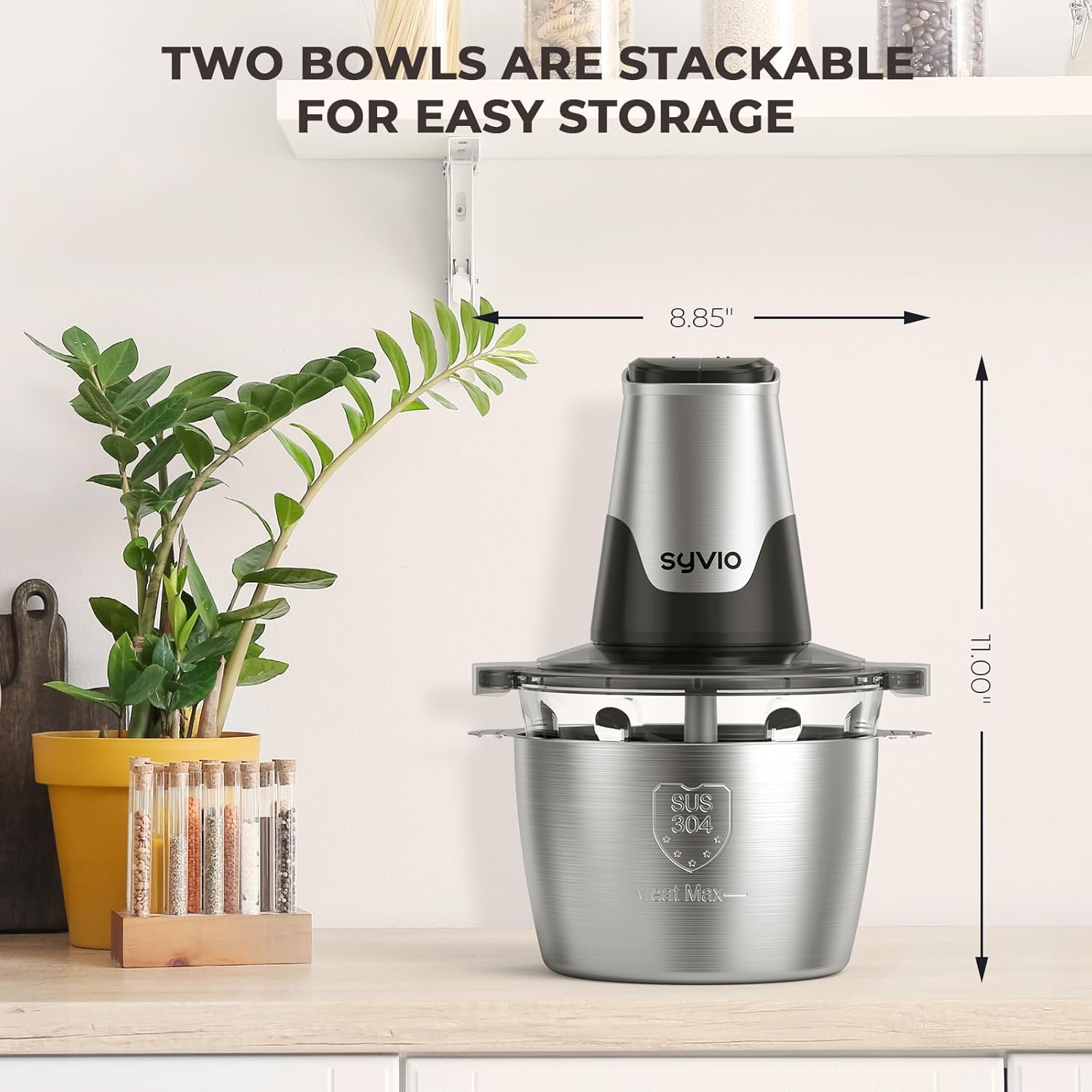 Syvio Food Processors with 2 Bowls, Meat Grinder 4 Bi-Level Blades, Mini Electric Food Chopper 450W, for Baby Food, Meat, Onion, Vegetables, 2 Speed, 8 Cup and 8 Cup6