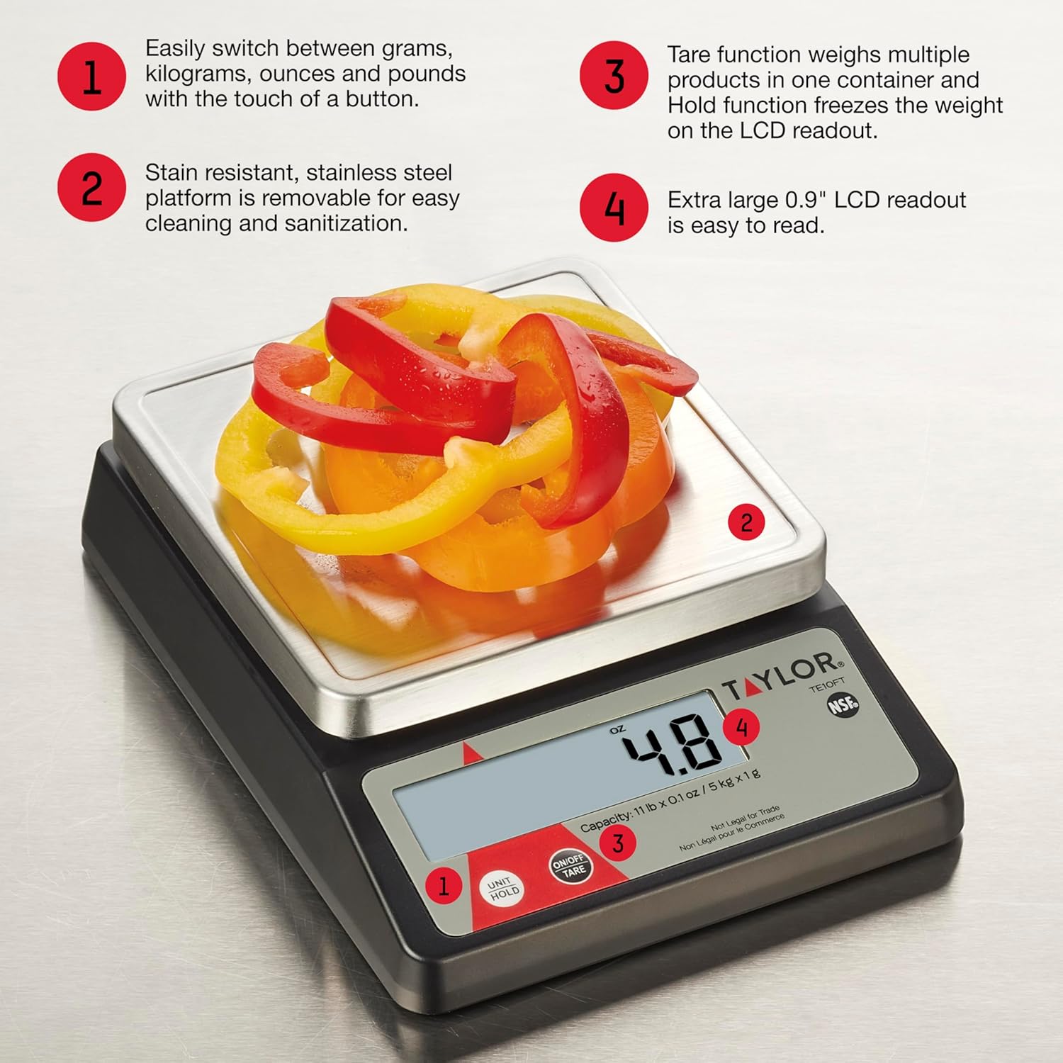 Taylor TE10FT 11-Pound Commercial Digital Portion Control Scale, 11 lb (5 kg) in 0.1 oz (1 g) Food and Cooking Scale, Tare and Hold Function, NSF, Stainless Steel Platform1