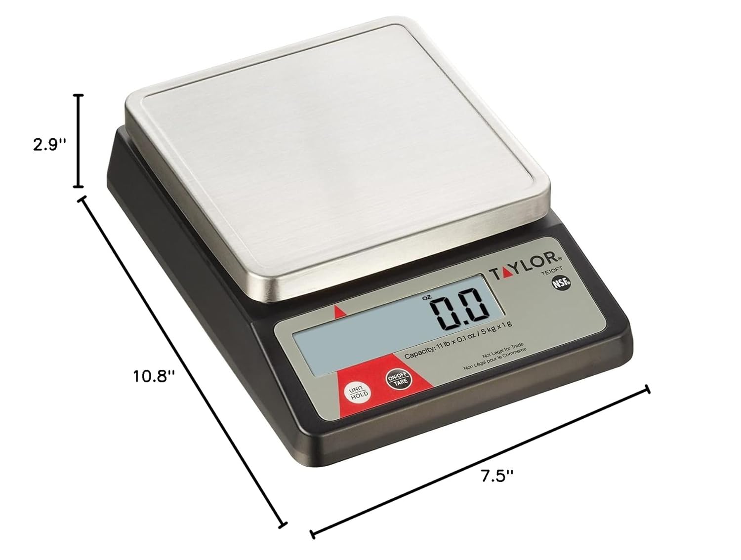 Taylor TE10FT 11-Pound Commercial Digital Portion Control Scale, 11 lb (5 kg) in 0.1 oz (1 g) Food and Cooking Scale, Tare and Hold Function, NSF, Stainless Steel Platform11