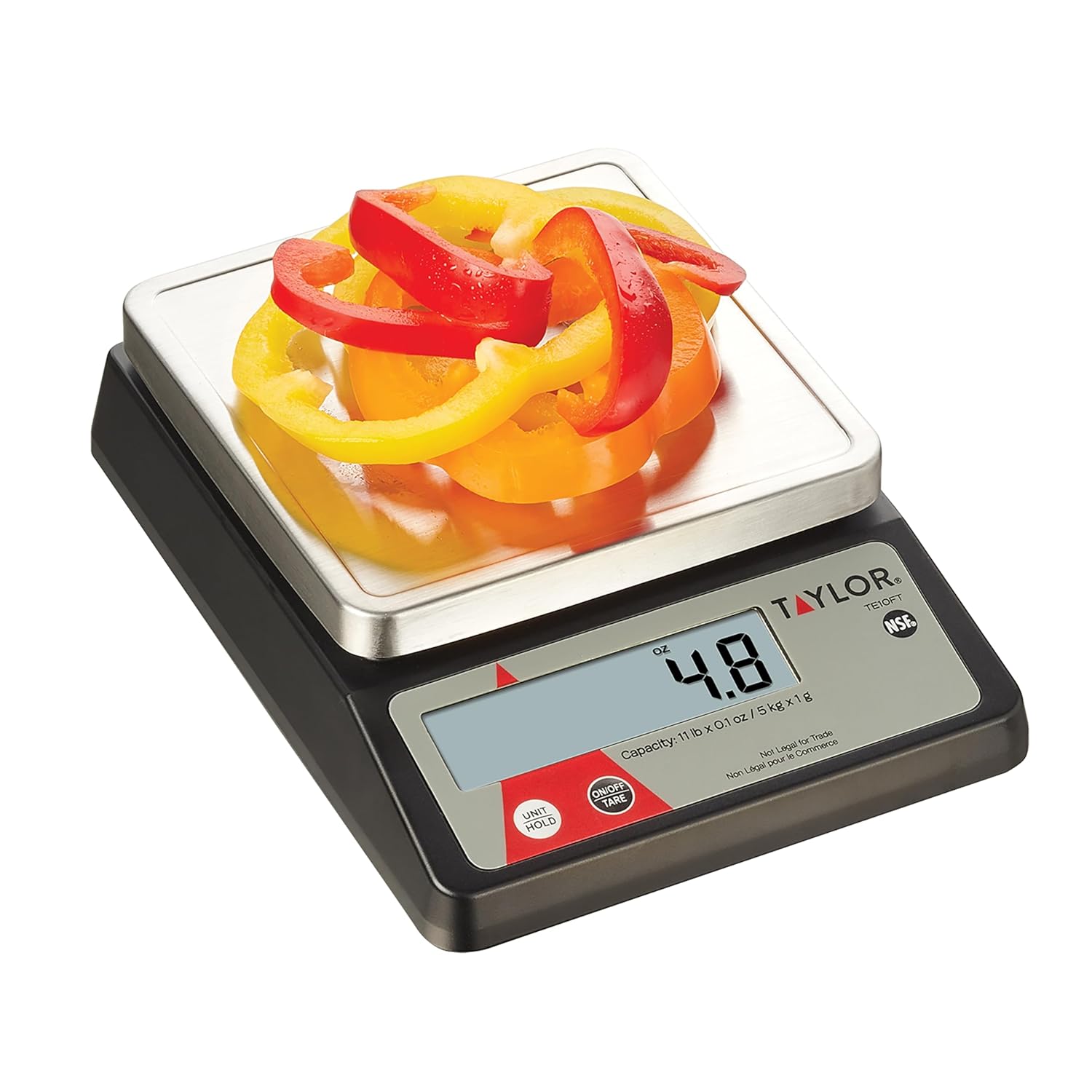 Taylor TE10FT 11-Pound Commercial Digital Portion Control Scale, 11 lb (5 kg) in 0.1 oz (1 g) Food and Cooking Scale, Tare and Hold Function, NSF, Stainless Steel Platform2