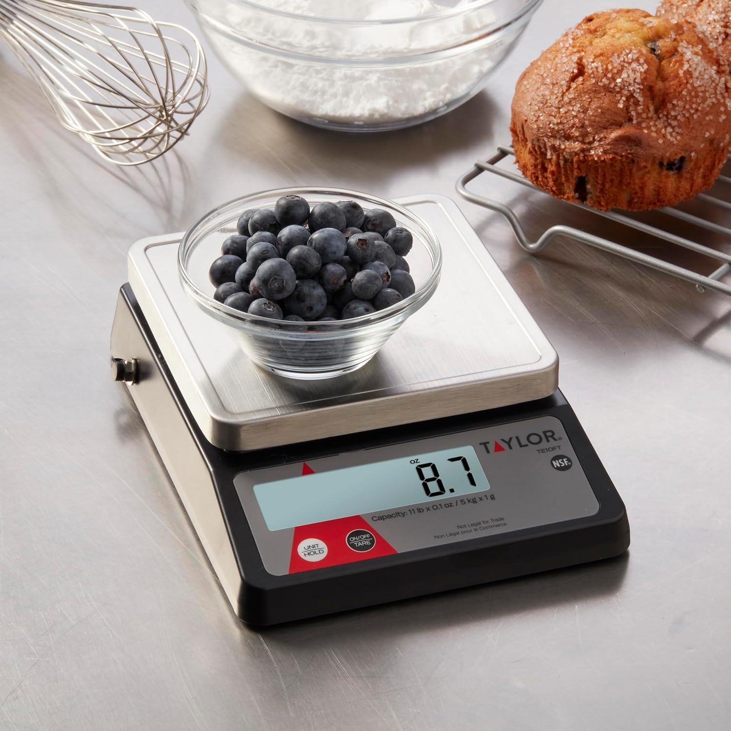 Taylor TE10FT 11-Pound Commercial Digital Portion Control Scale, 11 lb (5 kg) in 0.1 oz (1 g) Food and Cooking Scale, Tare and Hold Function, NSF, Stainless Steel Platform3