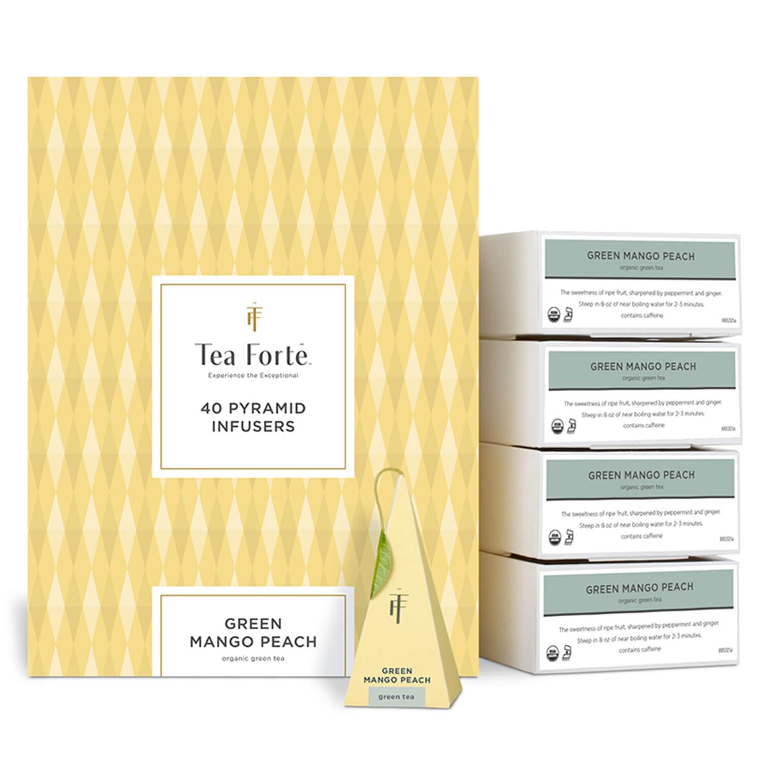 Tea Forte Green Mango Peach Green Tea Event Box, Bulk Pack of 40 Pyramid Infuser Tea Sachets for All Occasions Tea Forte Green Mango Peach Green Tea Event Box, Bulk Pack of 40 Pyramid Infuser Tea Sachets for All Occasions