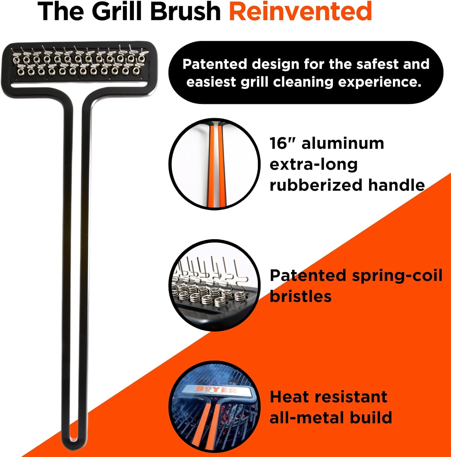 The Boyer Brush™ - The Safest Grill Brush, Wire-Bristle Free, All-Metal Construction, Cast Aluminum Body, Stainless Steel Wire Spring Coil, Fire Resistant1