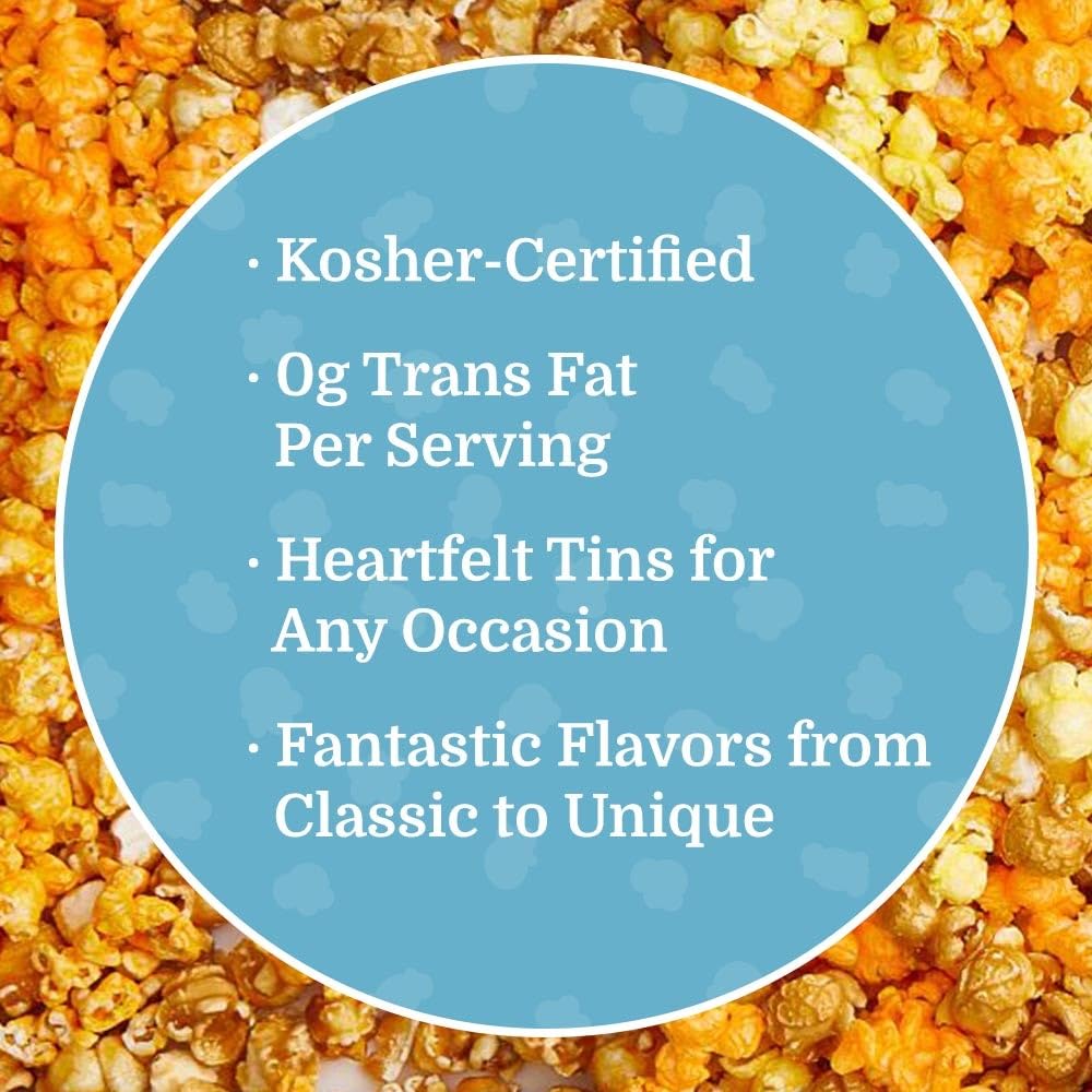 The Popcorn Factory Popcorn Gift Tin, Simply Blue, 3.5 Gallons (Robust Cheddar, White Cheddar, Caramel), Popcorn Lovers, Snack Gifts, Movie Night Snacks9