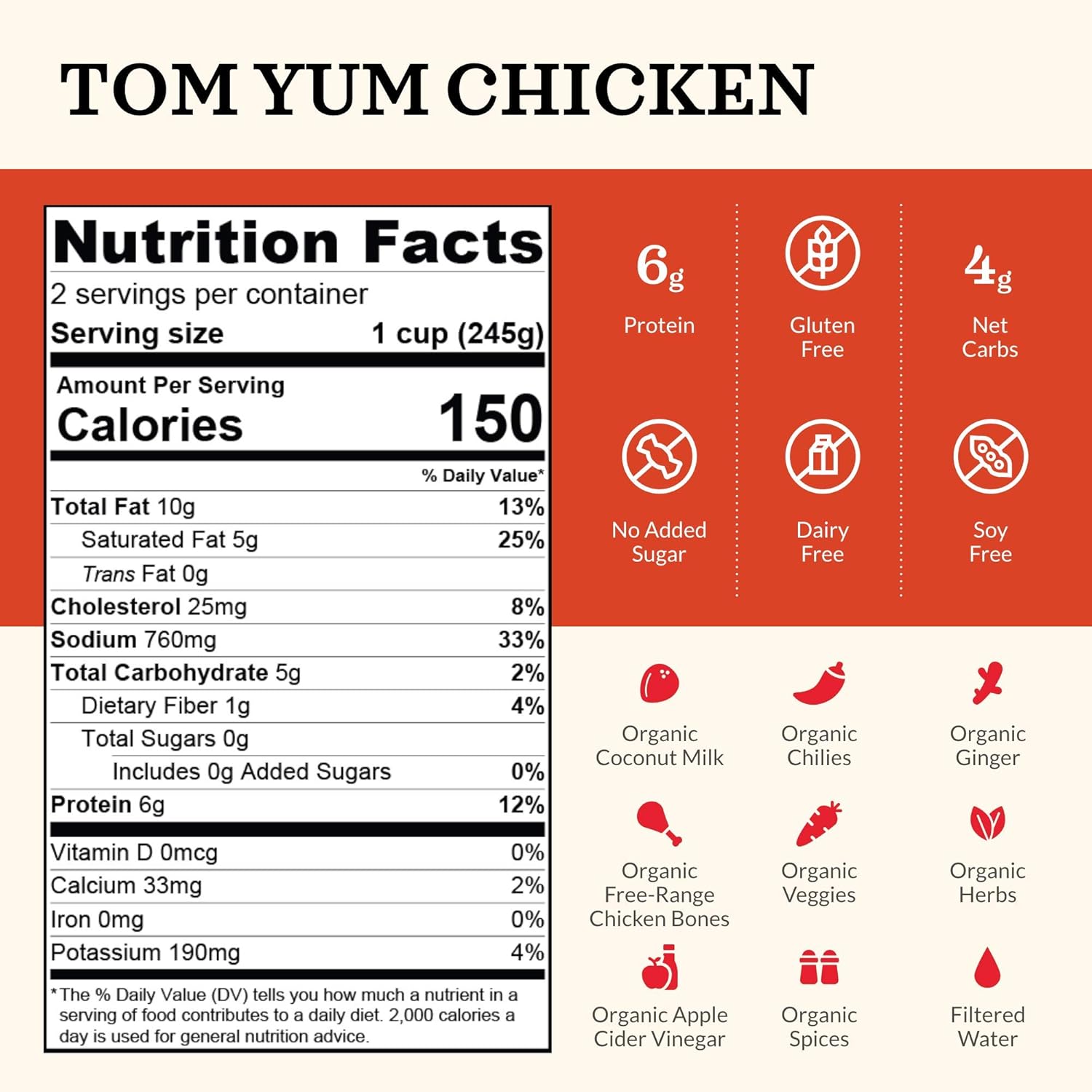 Tom Yum Chicken Keto Bone Broth, Chicken by Kettle and Fire, Keto Diet, Paleo Friendly, Gluten Free, with Collagen, 4g Net Carbs, 6g of Protein (Pack of 6)1