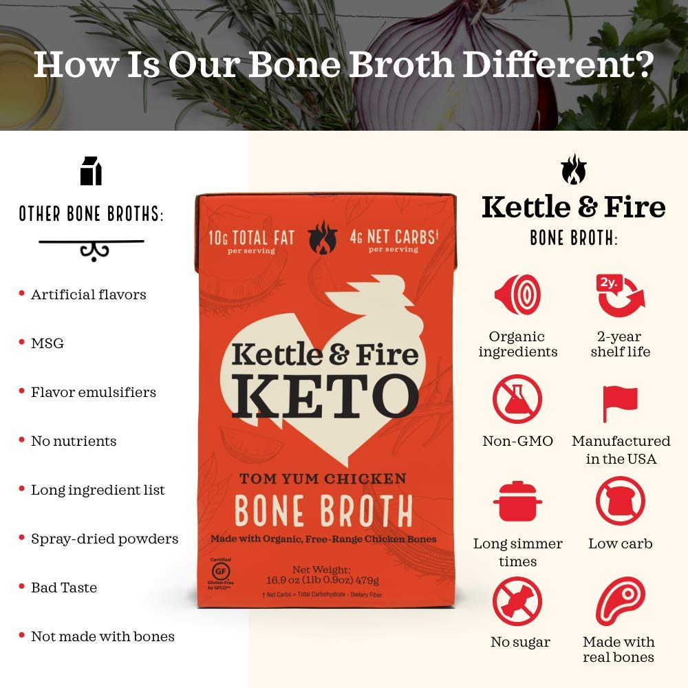 Tom Yum Chicken Keto Bone Broth, Chicken by Kettle and Fire, Keto Diet, Paleo Friendly, Gluten Free, with Collagen, 4g Net Carbs, 6g of Protein (Pack of 6)3