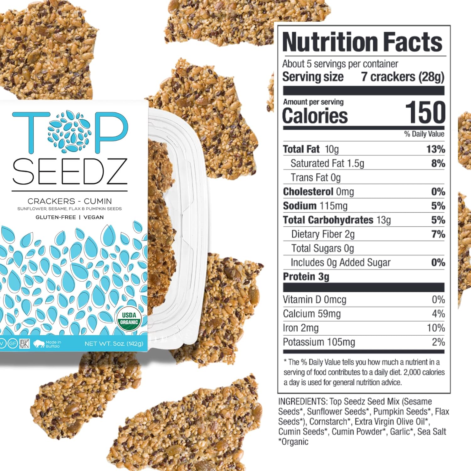 Top Seedz Certified Organic Gluten Free Cumin Seed Crackers 6-Pack 5 Ounces Healthy Vegan Crackers with Plant Based Protein Made of Sunflower, Flax, Sesame and Pumpkin Seed6