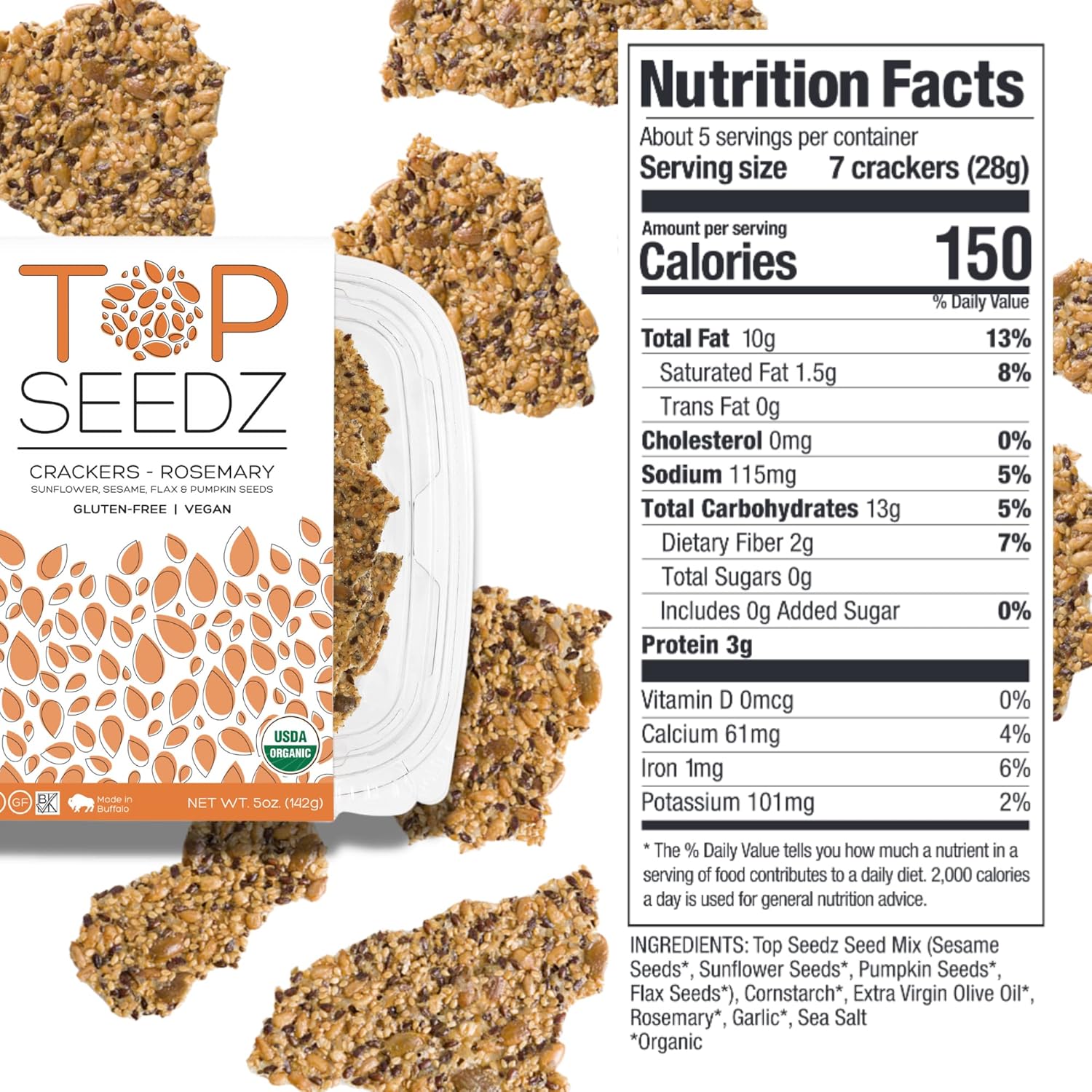 Top Seedz Certified Organic Gluten Free Rosemary and 6 Seed Crackers 6-Pack 5 Ounces Healthy Vegan Crackers with Plant Based Protein Made of Sunflower, Flax, Sesame and Pumpkin Seed6