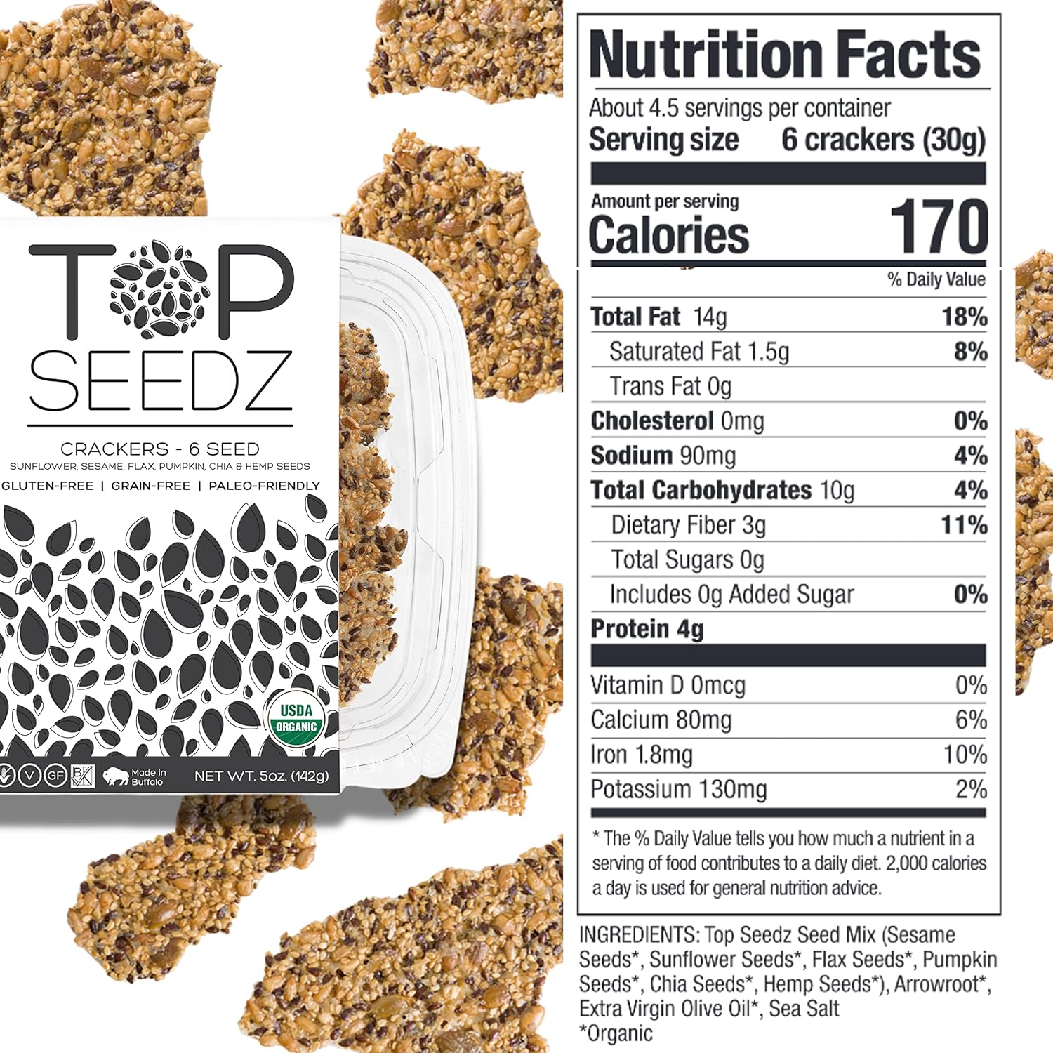 Top Seedz Certified Organic Gluten Free Savory Sensation Seed Crackers 6-Pack 5 Ounces Healthy Vegan Crackers with Plant Based Protein Made of Sunflower, Flax, Sesame and Pumpkin Seed7