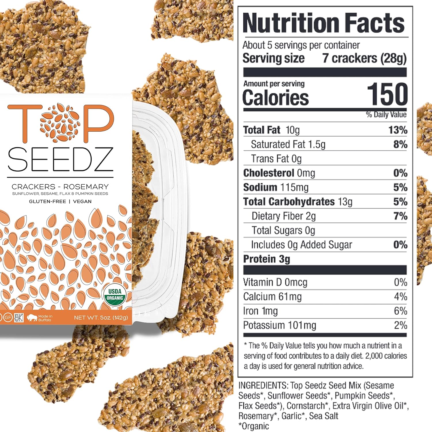 Top Seedz Certified Organic Gluten Free Savory Sensation Seed Crackers 6-Pack 5 Ounces Healthy Vegan Crackers with Plant Based Protein Made of Sunflower, Flax, Sesame and Pumpkin Seed8