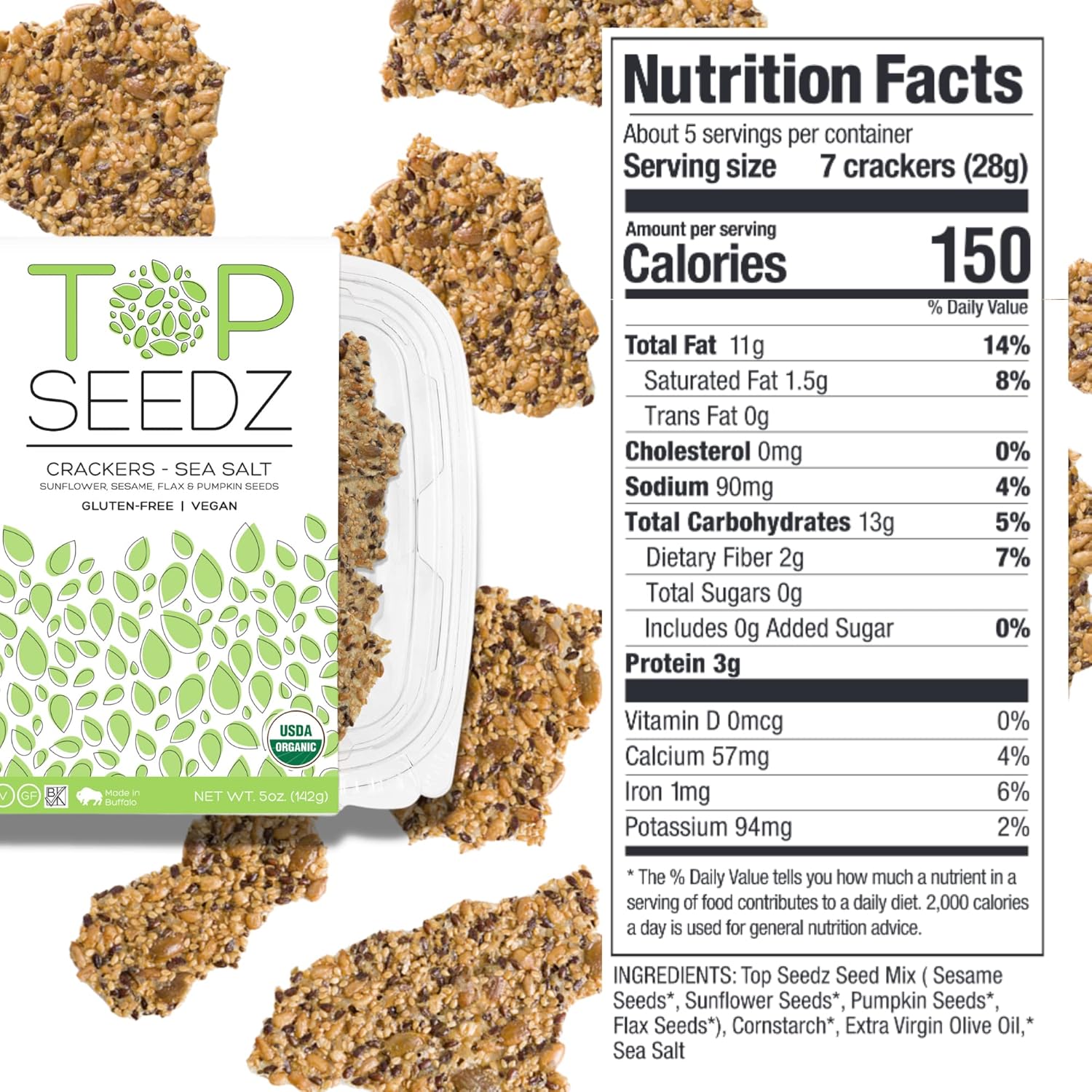 Top Seedz Certified Organic Gluten Free Sea Salt & 6 Seed Crackers 6-Pack 5 Ounces Healthy Vegan Crackers with Plant Based Protein Made of Sunflower, Flax, Sesame and Pumpkin Seed5