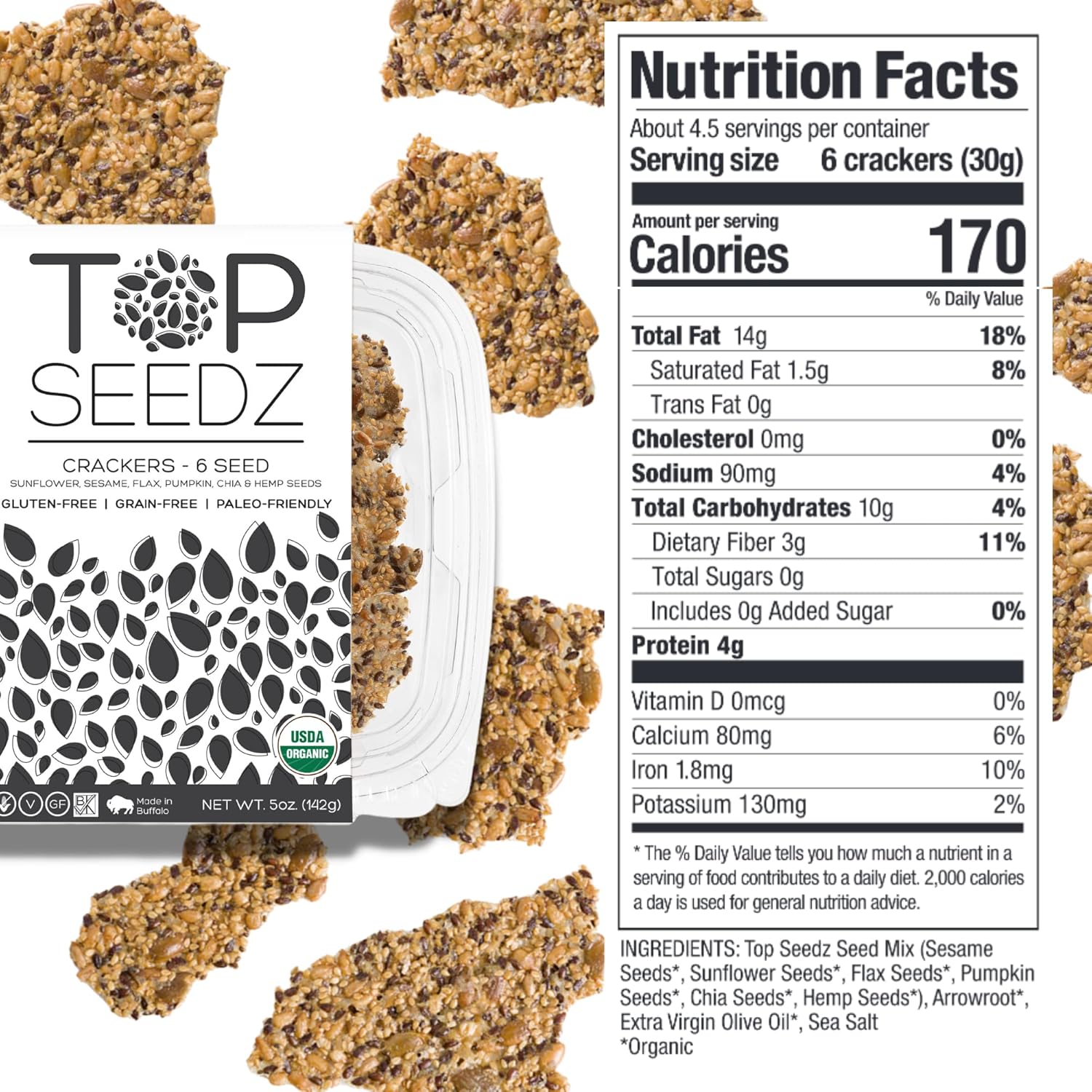 Top Seedz Certified Organic Gluten Free Sea Salt & 6 Seed Crackers 6-Pack 5 Ounces Healthy Vegan Crackers with Plant Based Protein Made of Sunflower, Flax, Sesame and Pumpkin Seed6