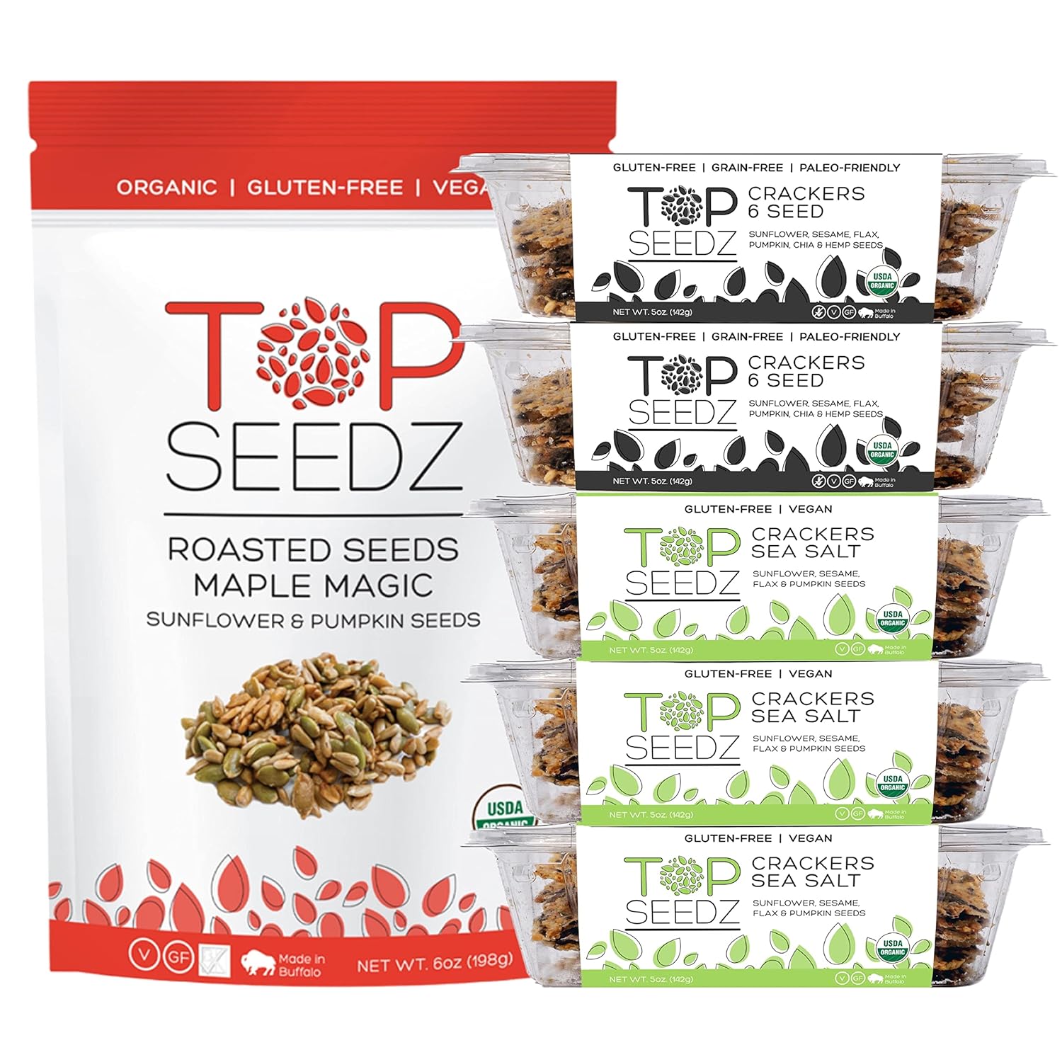 Top Seedz Deluxe Organic Gluten Free Vegan Seed Crackers and Roasted Seeds Bundle 1 Pouch of Maple Magic Roasted Seeds 3 Packs of Sea Salt Crackers 2 Packs of 6-Seed Crackers Top Seedz Deluxe Organic Gluten Free Vegan Seed Crackers and Roasted Seeds Bundle | 1 Pouch of Maple Magic Roasted Seeds | 3 Packs of Sea Salt Crackers | 2 Packs of 6-Seed Crackers