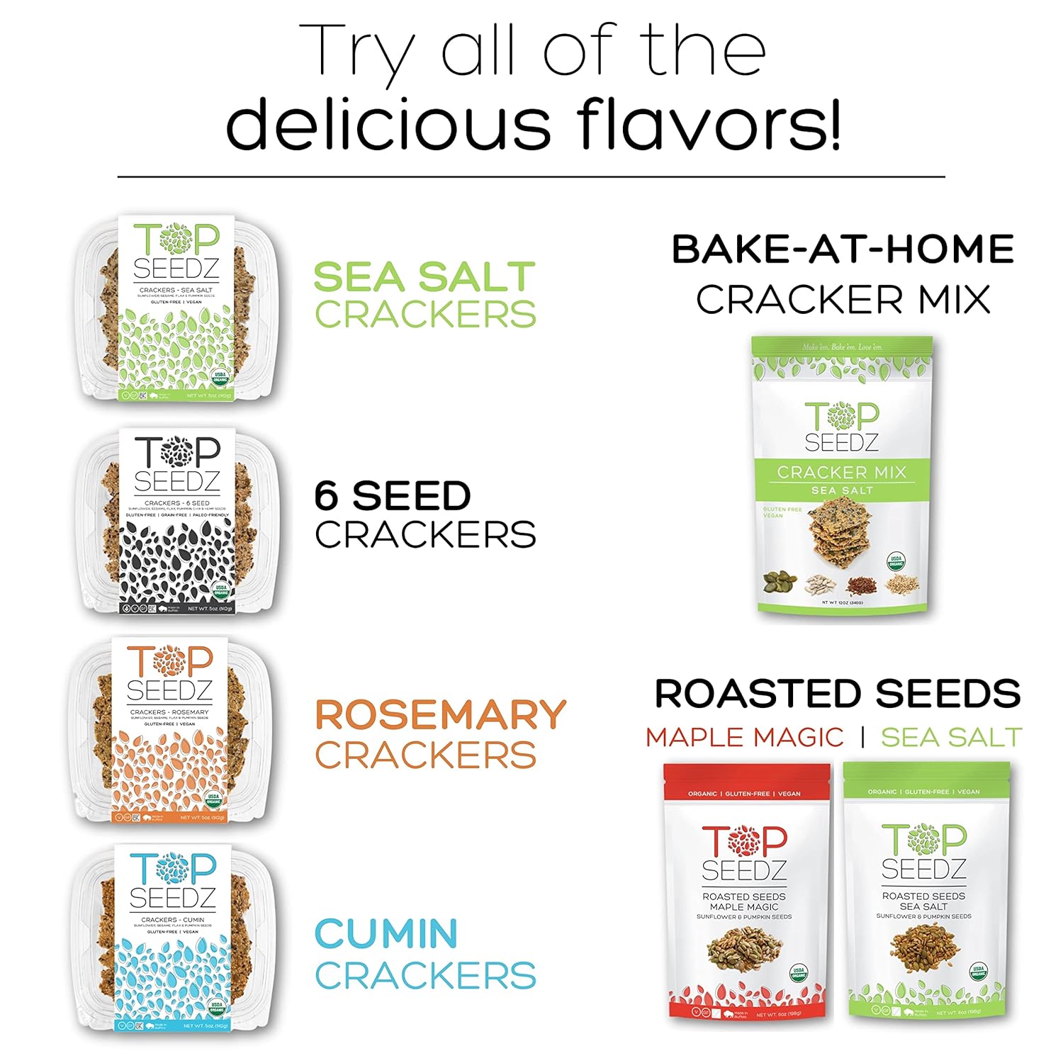 Top Seedz Deluxe Organic Gluten Free Vegan Seed Crackers and Roasted Seeds Bundle 1 Pouch of Maple Magic Roasted Seeds 3 Packs of Sea Salt Crackers 2 Packs of 6-Seed Crackers0