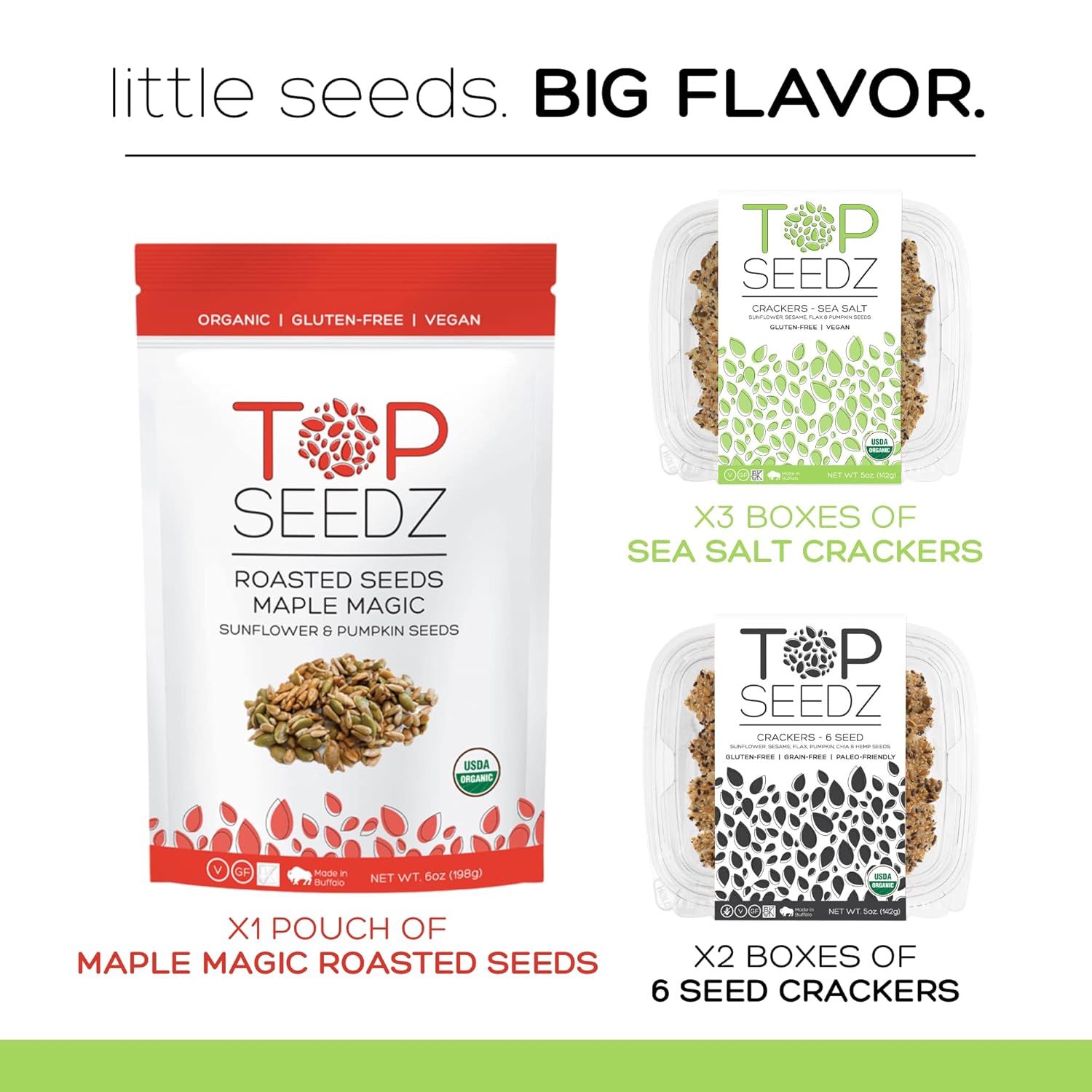 Top Seedz Deluxe Organic Gluten Free Vegan Seed Crackers and Roasted Seeds Bundle 1 Pouch of Maple Magic Roasted Seeds 3 Packs of Sea Salt Crackers 2 Packs of 6-Seed Crackers1