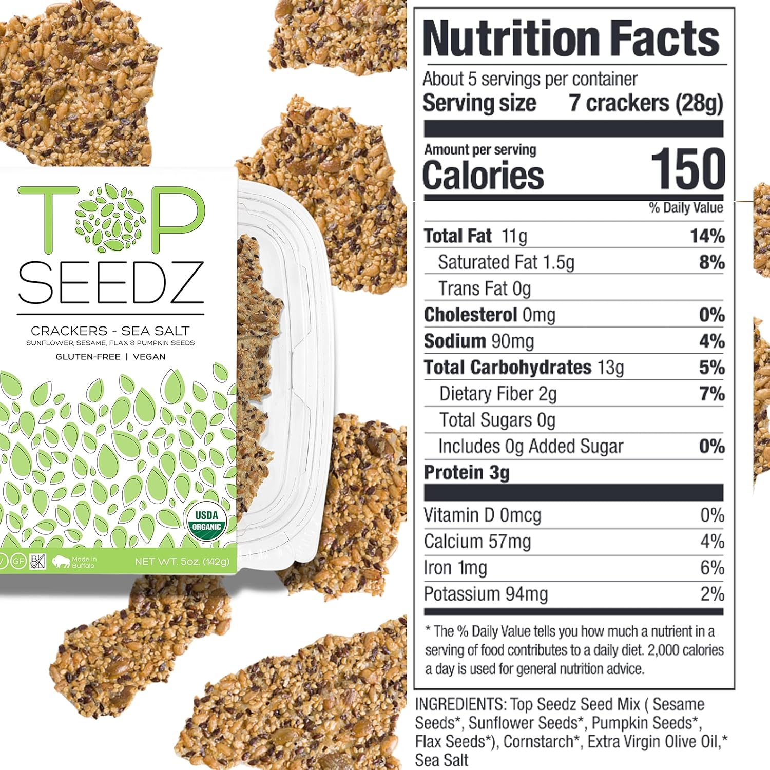 Top Seedz Deluxe Organic Gluten Free Vegan Seed Crackers and Roasted Seeds Bundle 1 Pouch of Maple Magic Roasted Seeds 3 Packs of Sea Salt Crackers 2 Packs of 6-Seed Crackers6