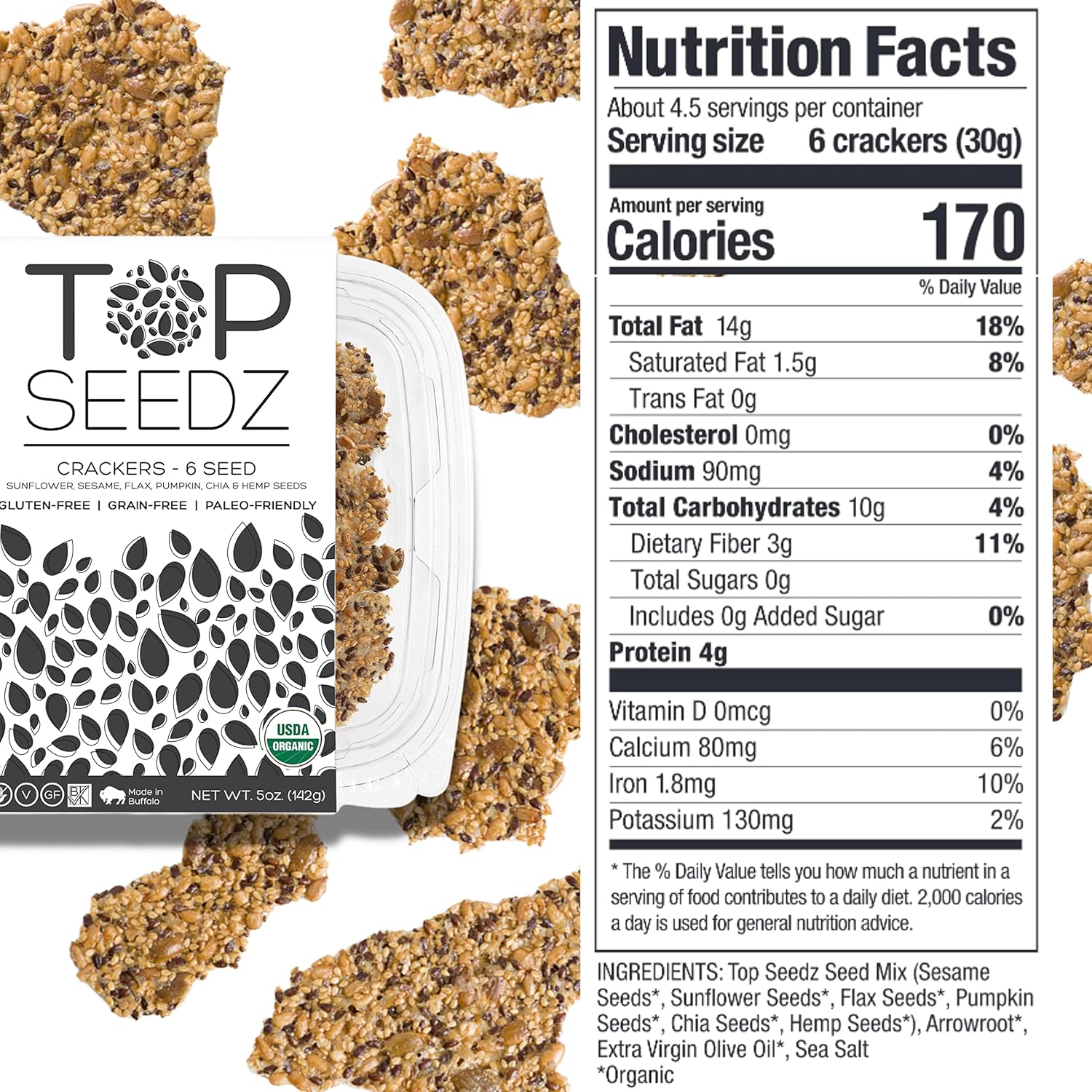 Top Seedz Deluxe Organic Gluten Free Vegan Seed Crackers and Roasted Seeds Bundle 1 Pouch of Maple Magic Roasted Seeds 3 Packs of Sea Salt Crackers 2 Packs of 6-Seed Crackers7