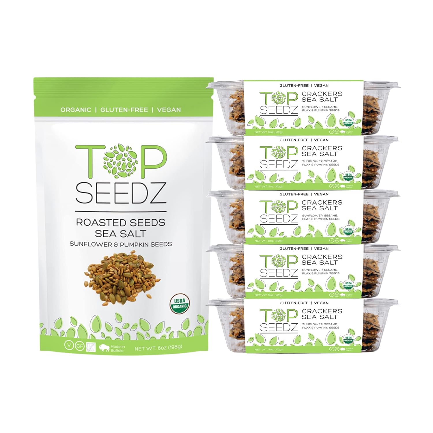 Top Seedz Deluxe Organic Gluten Free Vegan Seed Crackers and Roasted Seeds Bundle 1 Pouch of Sea Salt Roasted Seeds 5 Packs of Sea Salt Crackers Top Seedz Deluxe Organic Gluten Free Vegan Seed Crackers and Roasted Seeds Bundle | 1 Pouch of Sea Salt Roasted Seeds | 5 Packs of Sea Salt Crackers