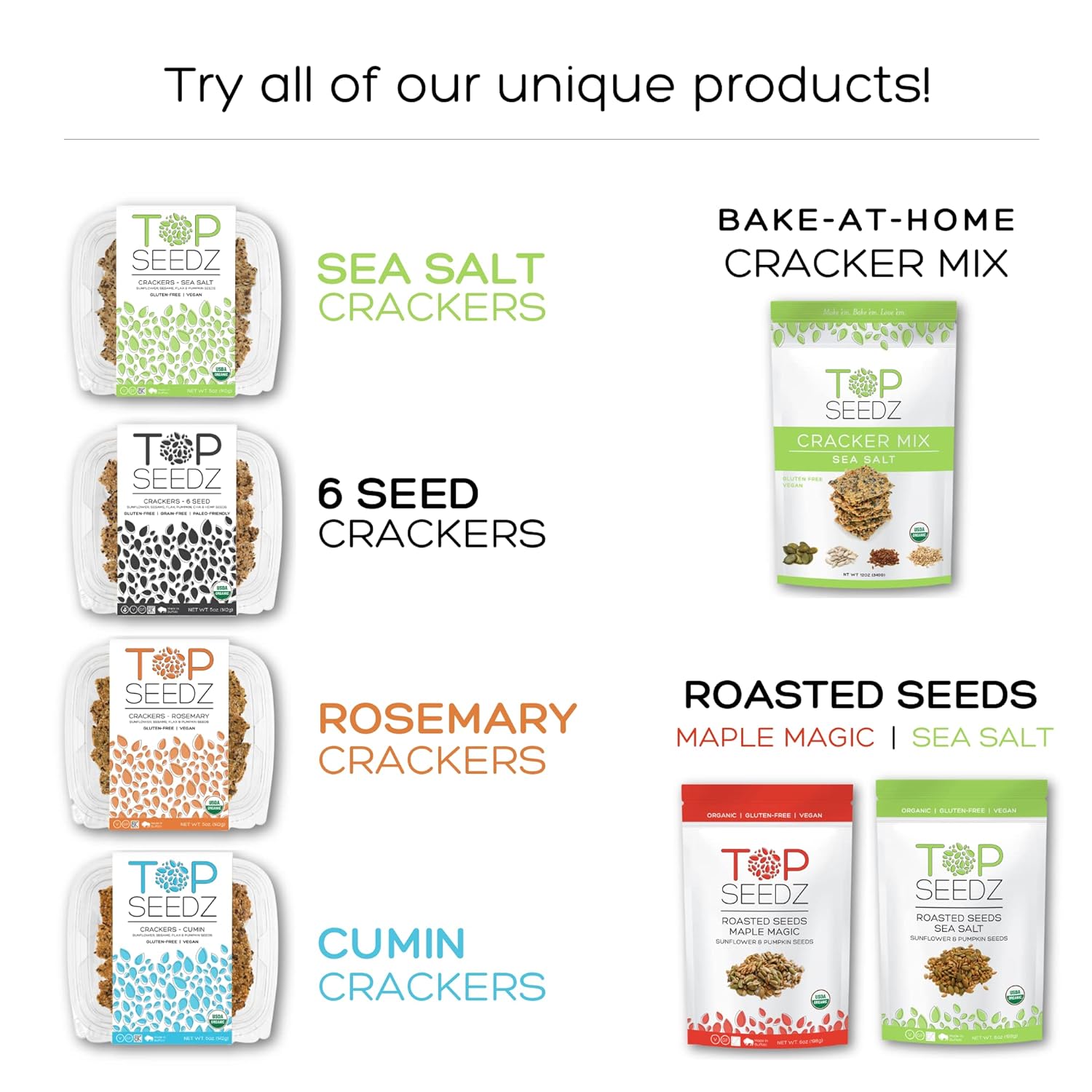Top Seedz Deluxe Organic Gluten Free Vegan Seed Crackers and Roasted Seeds Bundle 1 Pouch of Sea Salt Roasted Seeds 5 Packs of Sea Salt Crackers46