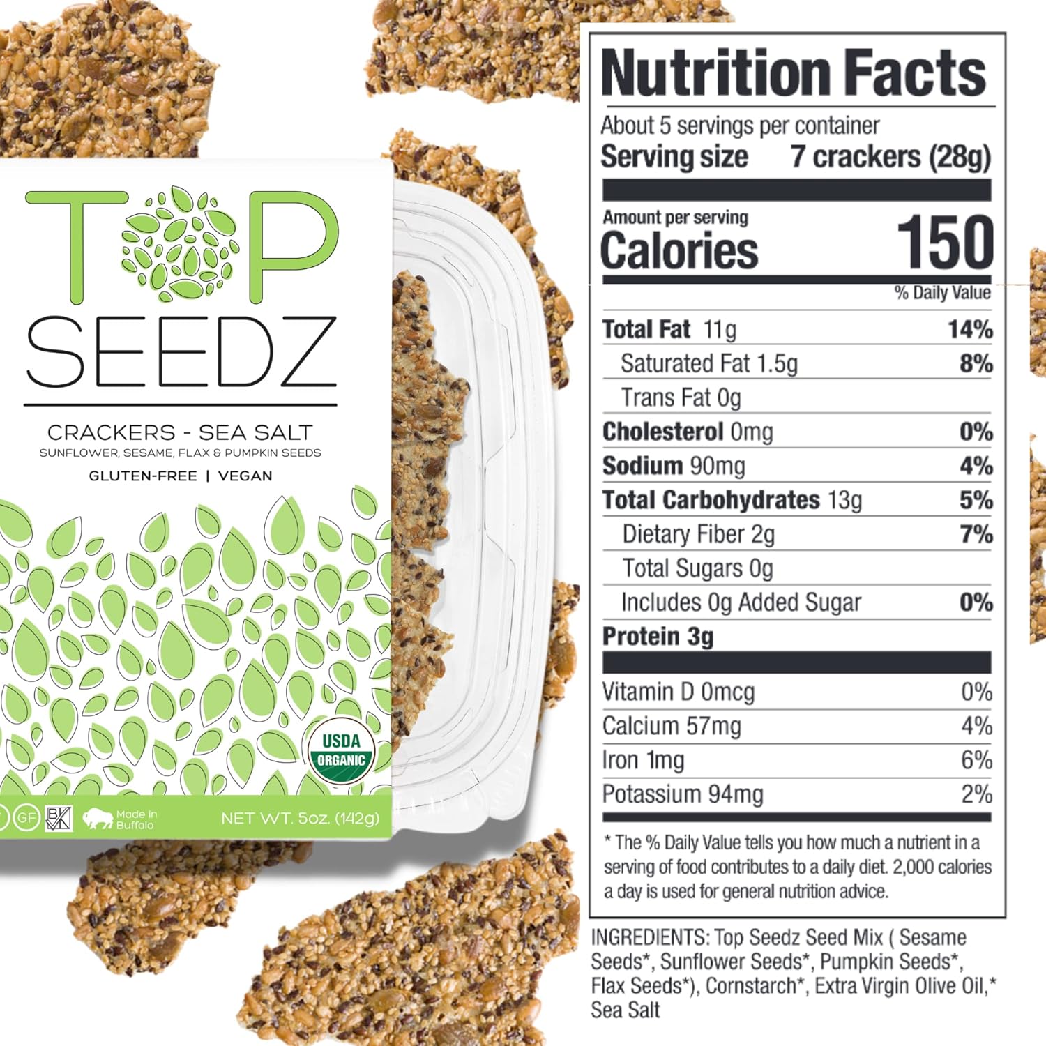 Top Seedz Deluxe Organic Gluten Free Vegan Seed Crackers and Roasted Seeds Bundle 1 Pouch of Sea Salt Roasted Seeds 5 Packs of Sea Salt Crackers8