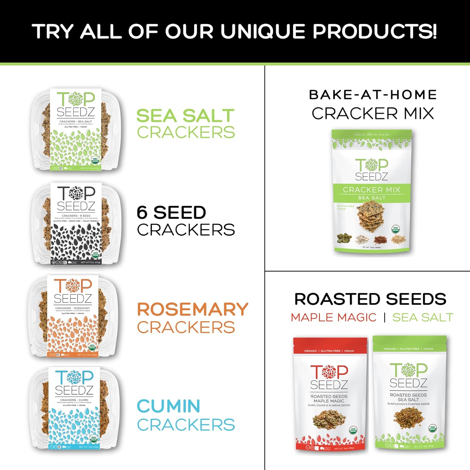Top Seedz Deluxe Organic Gluten Free Vegan Seed Crackers and Roasted Seeds Bundle 2 Pouches of Maple Magic Roasted Seeds 2 Packs of Sea Salt Crackers 2 Packs of 6-Seed Crackers=