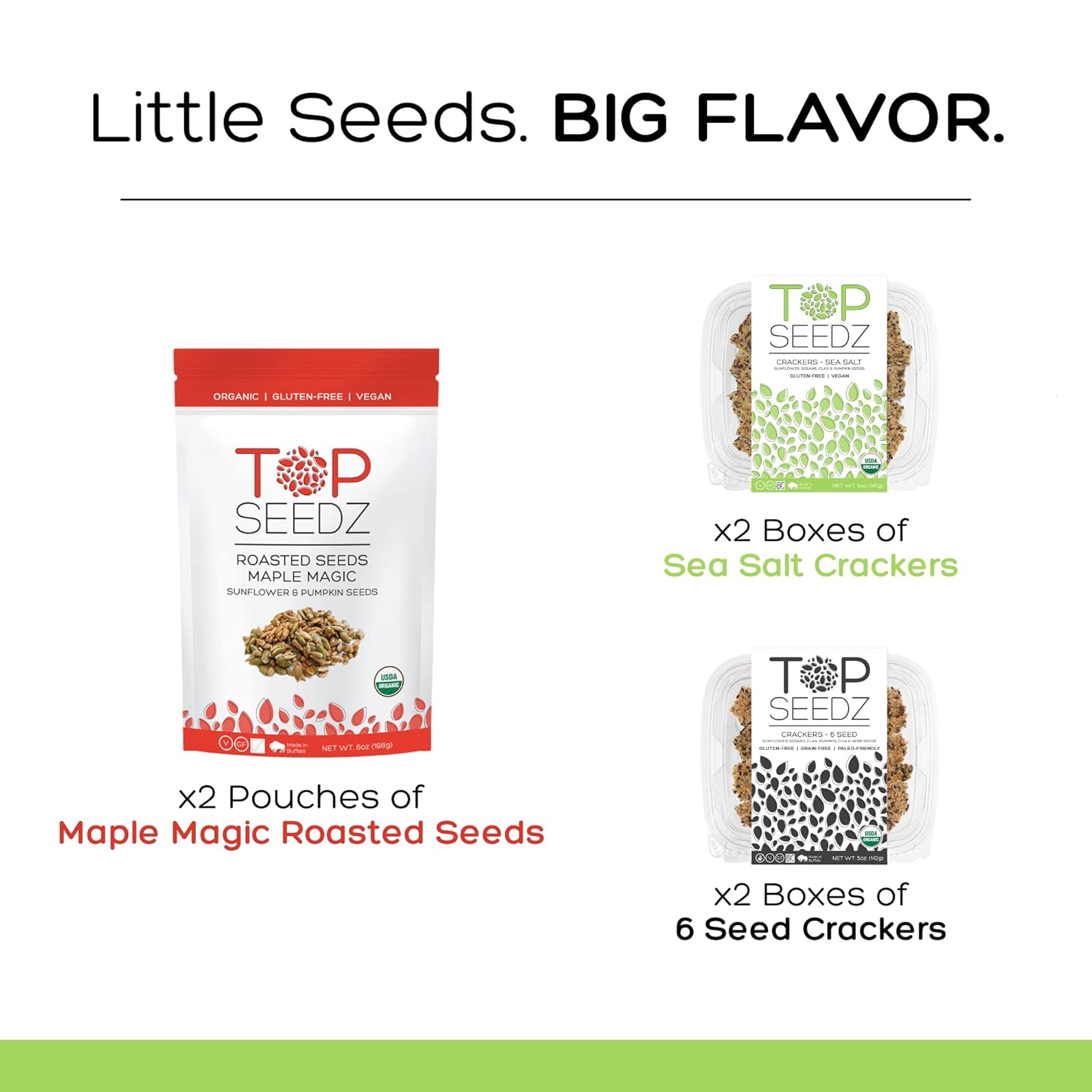 Top Seedz Deluxe Organic Gluten Free Vegan Seed Crackers and Roasted Seeds Bundle 2 Pouches of Maple Magic Roasted Seeds 2 Packs of Sea Salt Crackers 2 Packs of 6-Seed Crackers1