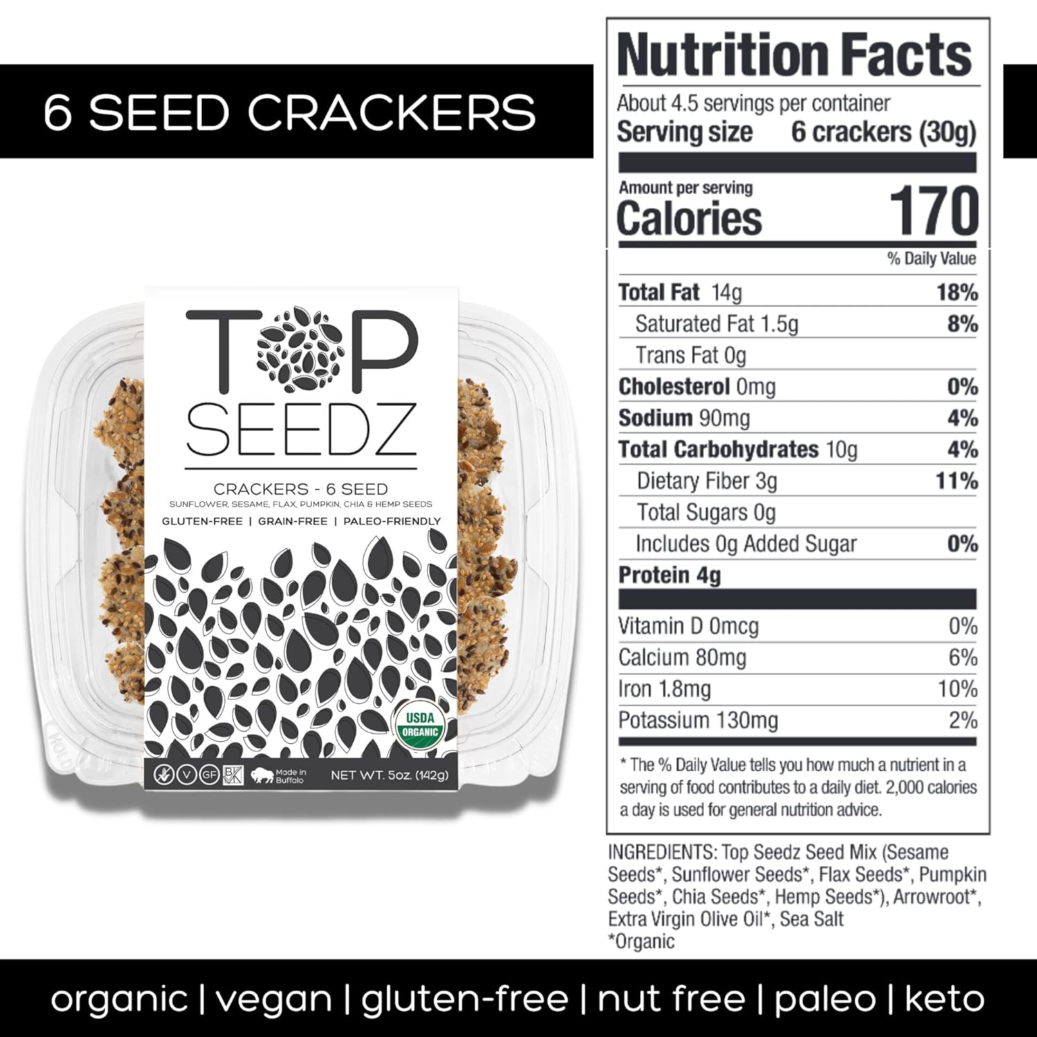 Top Seedz Deluxe Organic Gluten Free Vegan Seed Crackers and Roasted Seeds Bundle 2 Pouches of Maple Magic Roasted Seeds 2 Packs of Sea Salt Crackers 2 Packs of 6-Seed Crackers7