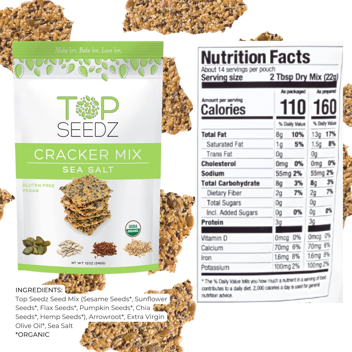 Top Seedz Organic Gluten Free Bake-at-Home Sea Salt Seed Crackers Mix 6-Pack 12-Ounces Healthy Vegan Crackers with Plant Based Protein Sunflower, Flax, Sesame and Pumpkin Seed8
