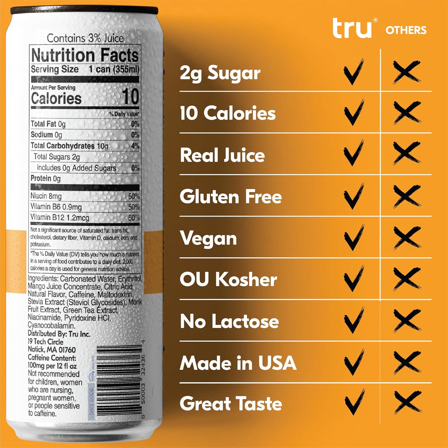 Tru Energy Seltzer, Orange Mango Flavored Sparkling Water Made with Real Fruit Juice - Clean Energy Drink plus B Vitamins - Natural Caffeine, 12oz (Pack of 24)1