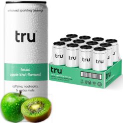 Tru Focus Seltzer, Apple Kiwi Flavored Sparkling Water Made with Real Fruit Juice - Nootropic Drink plus Yerba Mate Extract - Natural Caffeine, Kosher, GF, No Added Sugar Beverages, 12oz (Pack of 24)