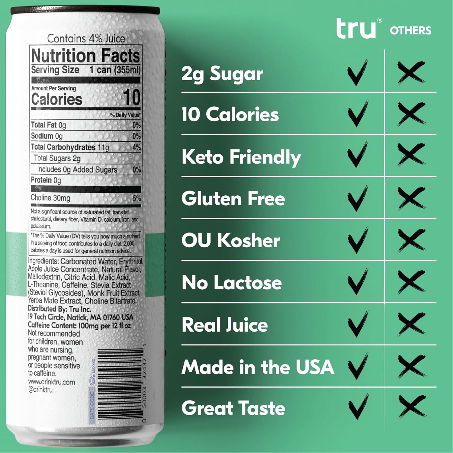 Tru Focus Seltzer, Apple Kiwi Flavored Sparkling Water Made with Real Fruit Juice - Nootropic Drink plus Yerba Mate Extract - Natural Caffeine, Kosher, GF, No Added Sugar Beverages, 12oz (Pack of 24)1