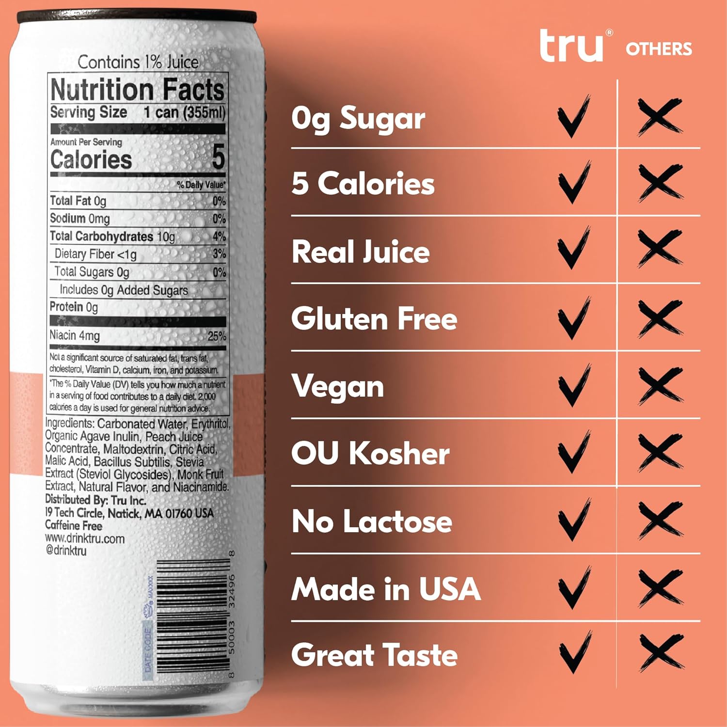 Tru Gutsy Seltzer, Probiotic Prebiotic Drinks with Vitamin B3, Peach Fruit Juice Flavored Sparkling Water, Caffeine Free, Kosher, Gluten Free, Vegan, Low Calories, No Sugar Added Beverages, 12oz (Pack of 12)1
