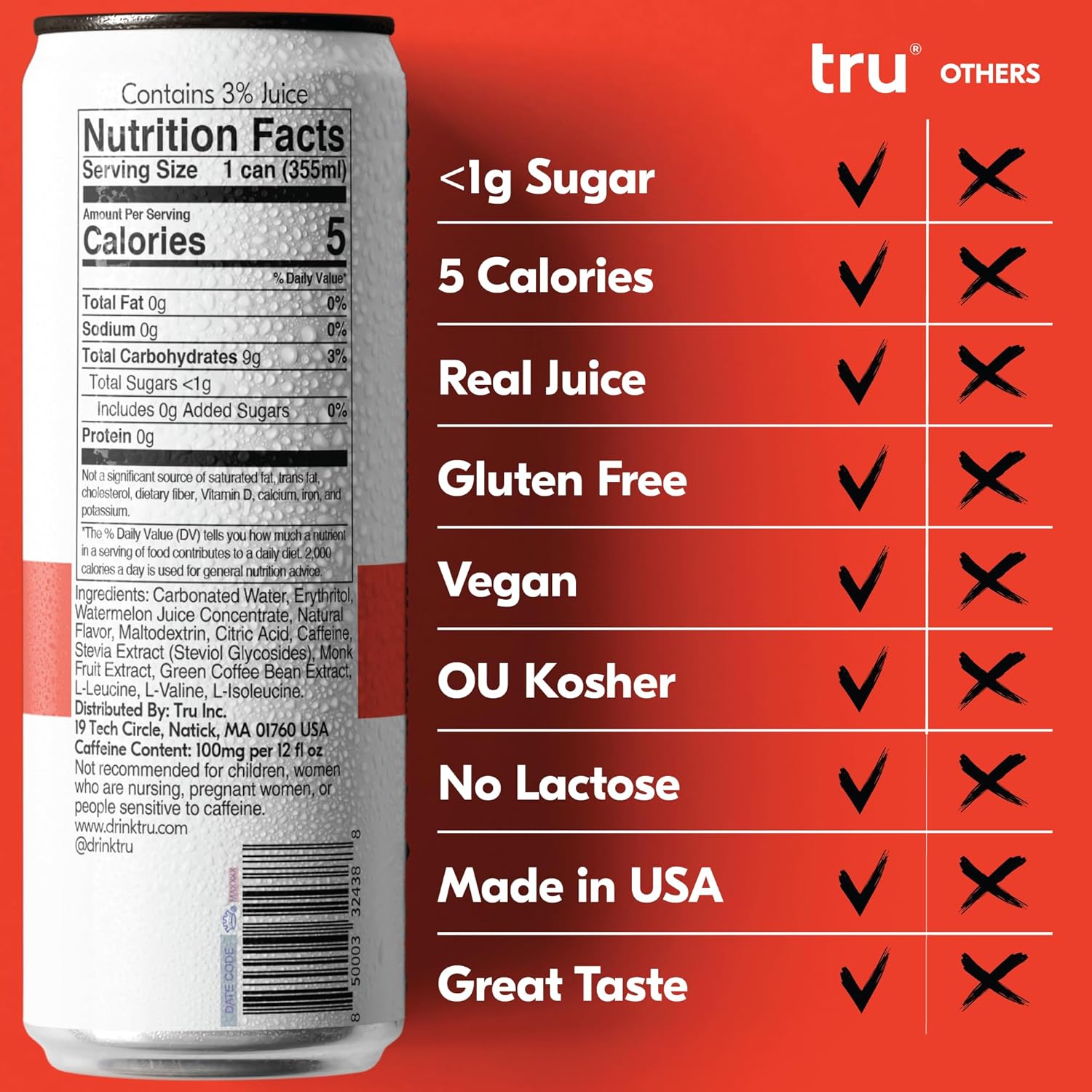 Tru Performance Seltzer, Variety Flavored Sparkling Water Made with Real Fruit Juice - Focus, Pre Workout, and Energy Drinks - Natural Caffeine, Kosher, GF, No Added Sugar Beverages, 12oz (Pack of 12)1