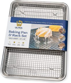 Ultra Cuisine Aluminum Baking Sheet with Stainless Steel Cooling Rack Set – Half Sheet Size Pan 13 x 18 inch, Durable Rimmed Sides, Easy Clean, Commercial Quality for Cooking and Roasting