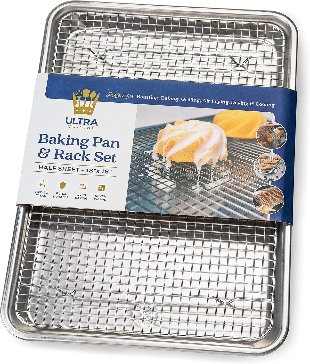 Ultra Cuisine Aluminum Baking Sheet with Stainless Steel Cooling Rack Set – Half Sheet Size Pan 13 x 18 inch, Durable Rimmed Sides, Easy Clean, Commercial Quality for Cooking and Roasting Ultra Cuisine Aluminum Baking Sheet with Stainless Steel Cooling Rack Set – Half Sheet Size Pan 13 x 18 inch, Durable Rimmed Sides, Easy Clean, Commercial Quality for Cooking and Roasting