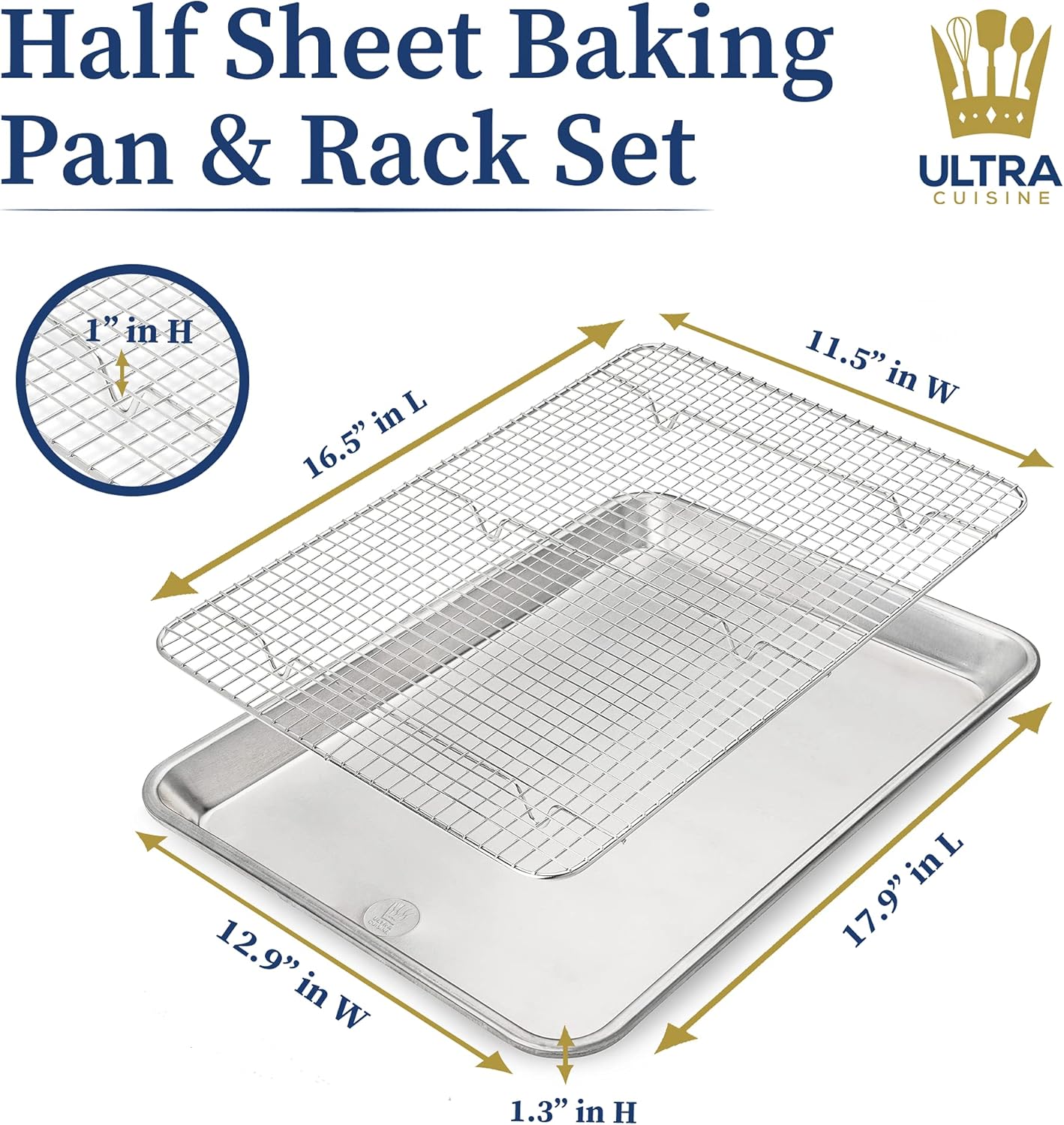 Ultra Cuisine Aluminum Baking Sheet with Stainless Steel Cooling Rack Set – Half Sheet Size Pan 13 x 18 inch, Durable Rimmed Sides, Easy Clean, Commercial Quality for Cooking and Roasting1