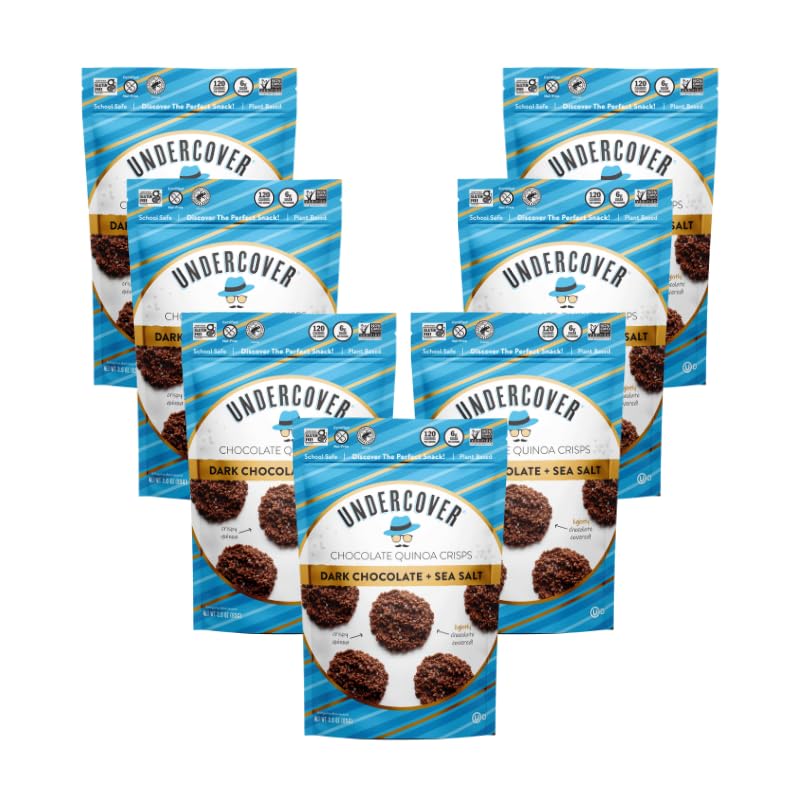 Undercover Chocolate Quinoa Crisps - Dark Chocolate + Sea Salt Quinoa Crisps | 7-Pack, 3oz Bags of Mini Crisps | Gluten Free, Nut-Free, Allergen Friendly, Kosher, Plant-Based Undercover Chocolate Quinoa Crisps - Dark Chocolate + Sea Salt Quinoa Crisps | 7-Pack, 3oz Bags of Mini Crisps | Gluten Free, Nut-Free, Allergen Friendly, Kosher, Plant-Based