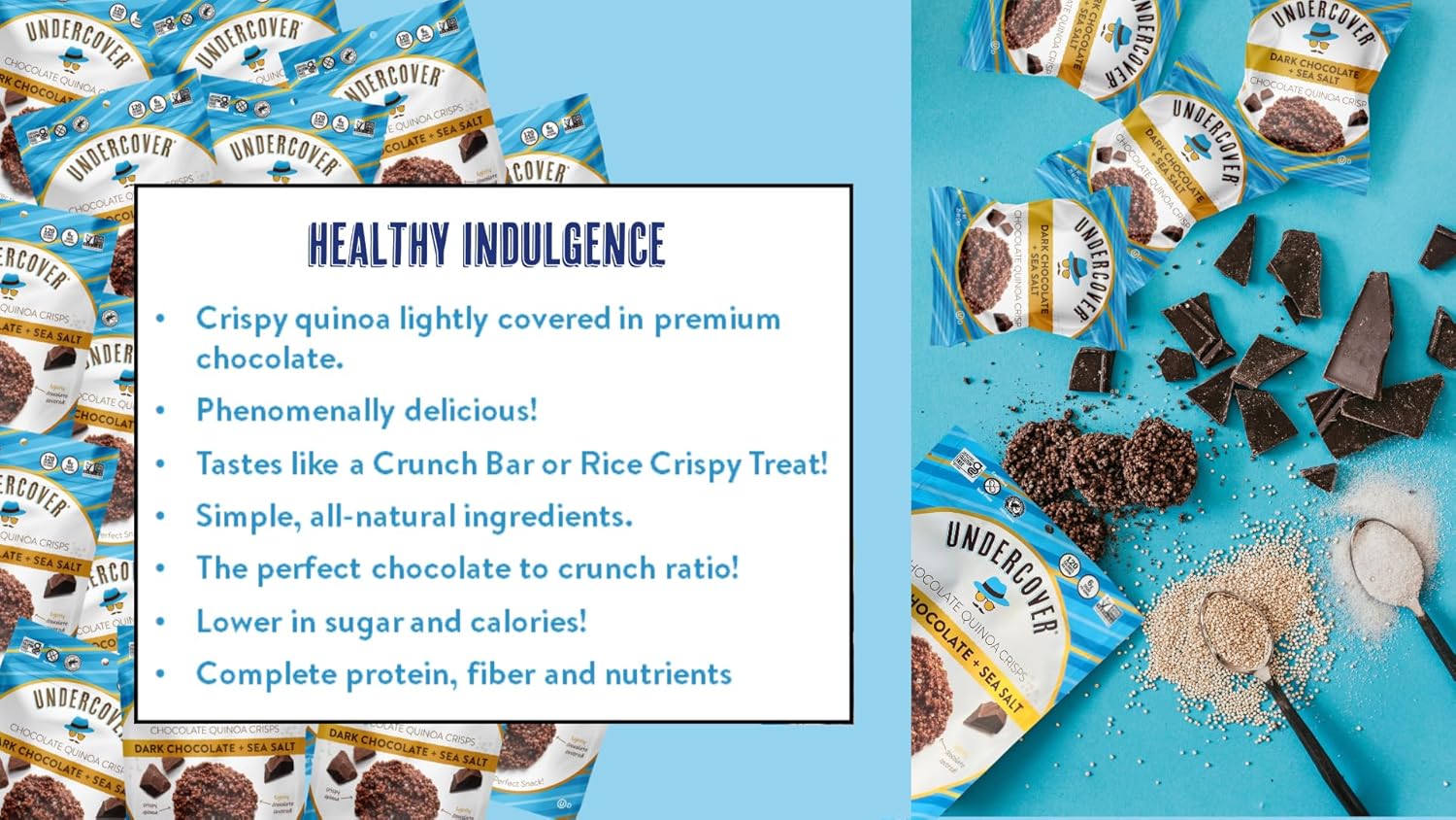 Undercover Chocolate Quinoa Crisps - Dark Chocolate + Sea Salt Quinoa Crisps 7-Pack, 3oz Bags of Mini Crisps Gluten Free, Nut-Free, Allergen Friendly, Kosher, Plant-Based8