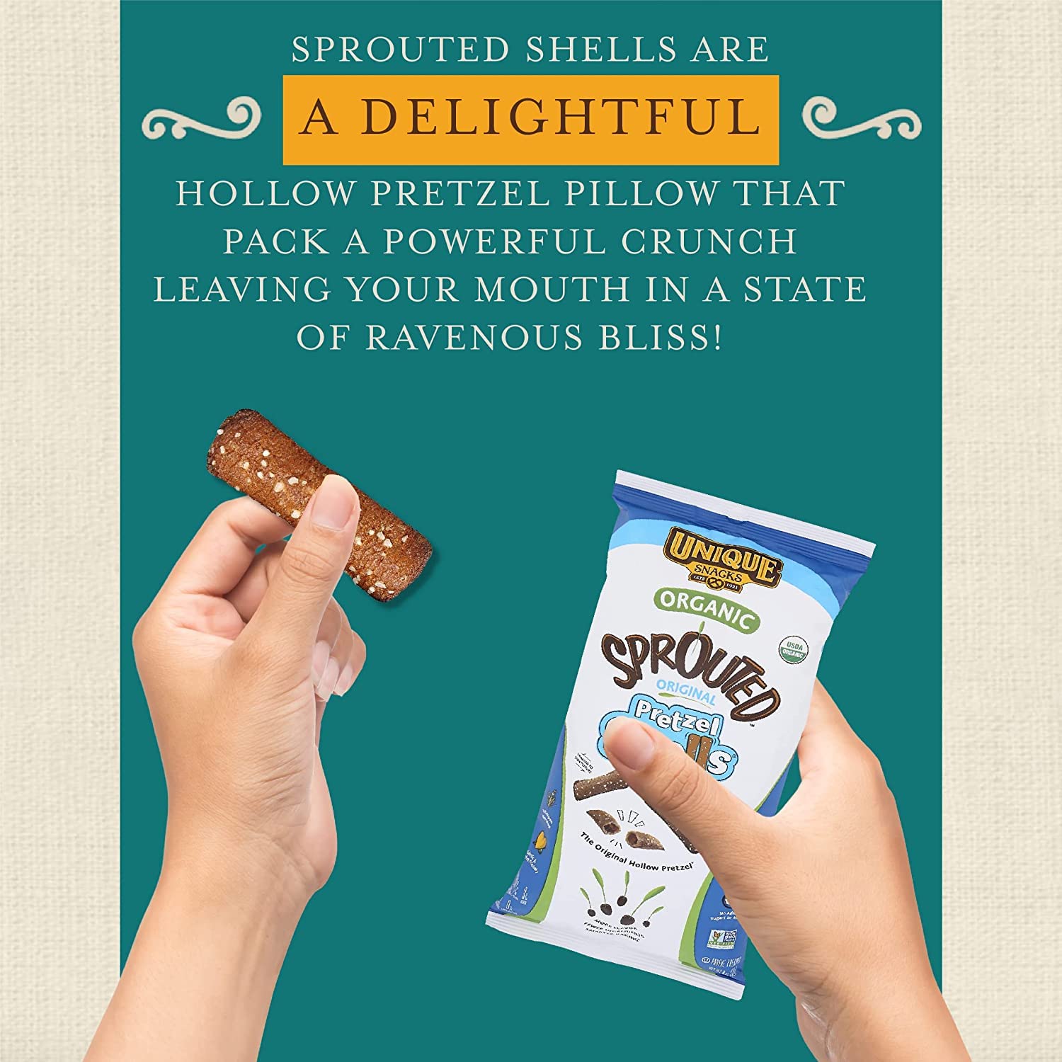 Unique Snacks Sprouted Pretzel Shells, Delicious Homestyle-Baked Snack Bag, Vegan, OU Kosher Pretzels, Non-GMO Office Snacks, 8 Oz. Bag, Pack of 69