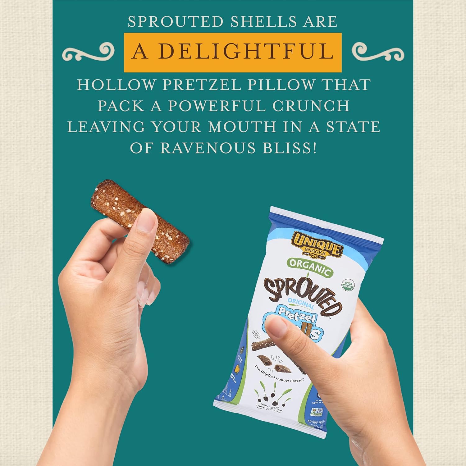 Unique Snacks Sprouted Pretzel Shells, Delicious Homestyle Baked Snack Bag, Vegan, OU Kosher, and Non-GMO Food, No Artificial Flavor, 8 Oz. Bag, Pack of 124