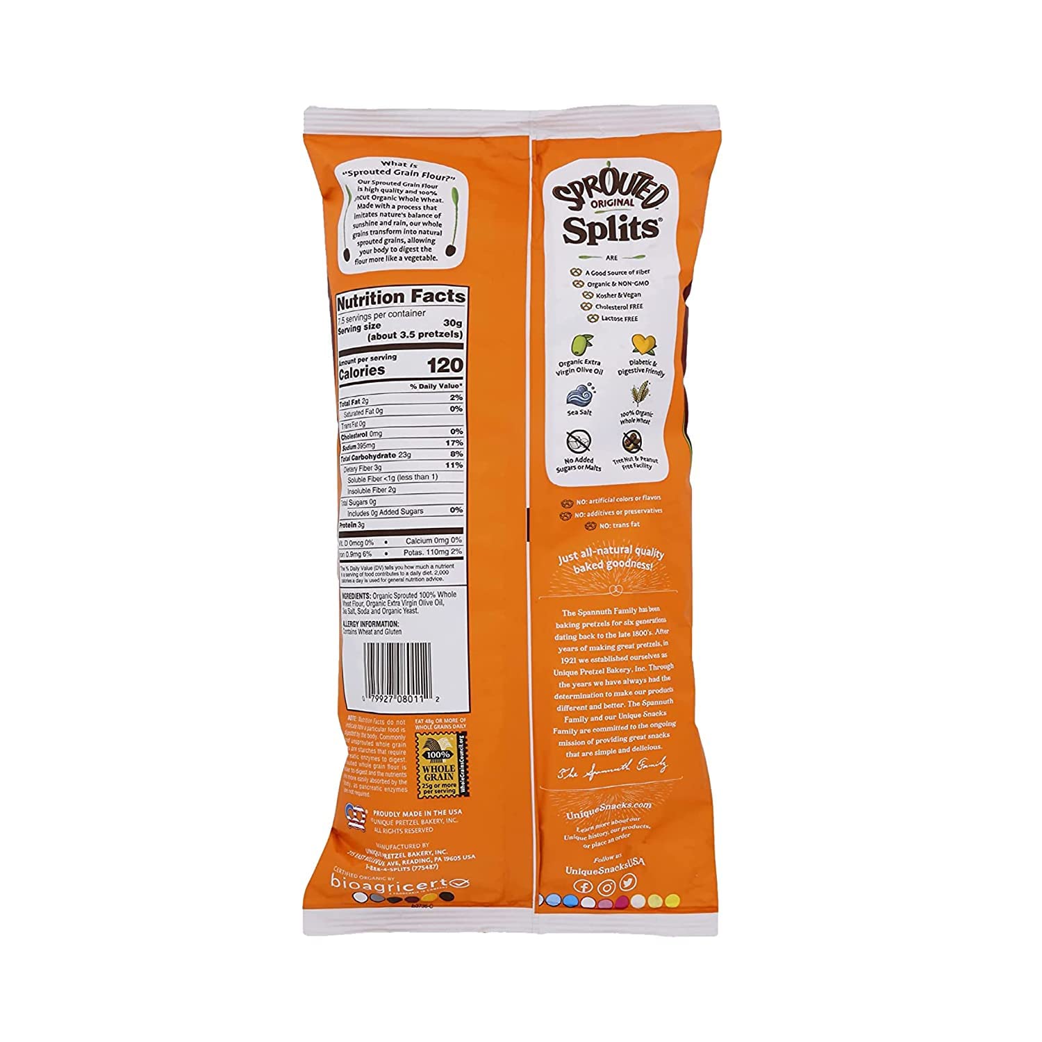 Unique Snacks Sprouted Splits Pretzels, Sprouted Pretzels, Delicious Homestyle Baked Snack Bag, OU Kosher, and Non-GMO Food, No Artificial Flavor, 8 Oz. Bag, Pack of 61