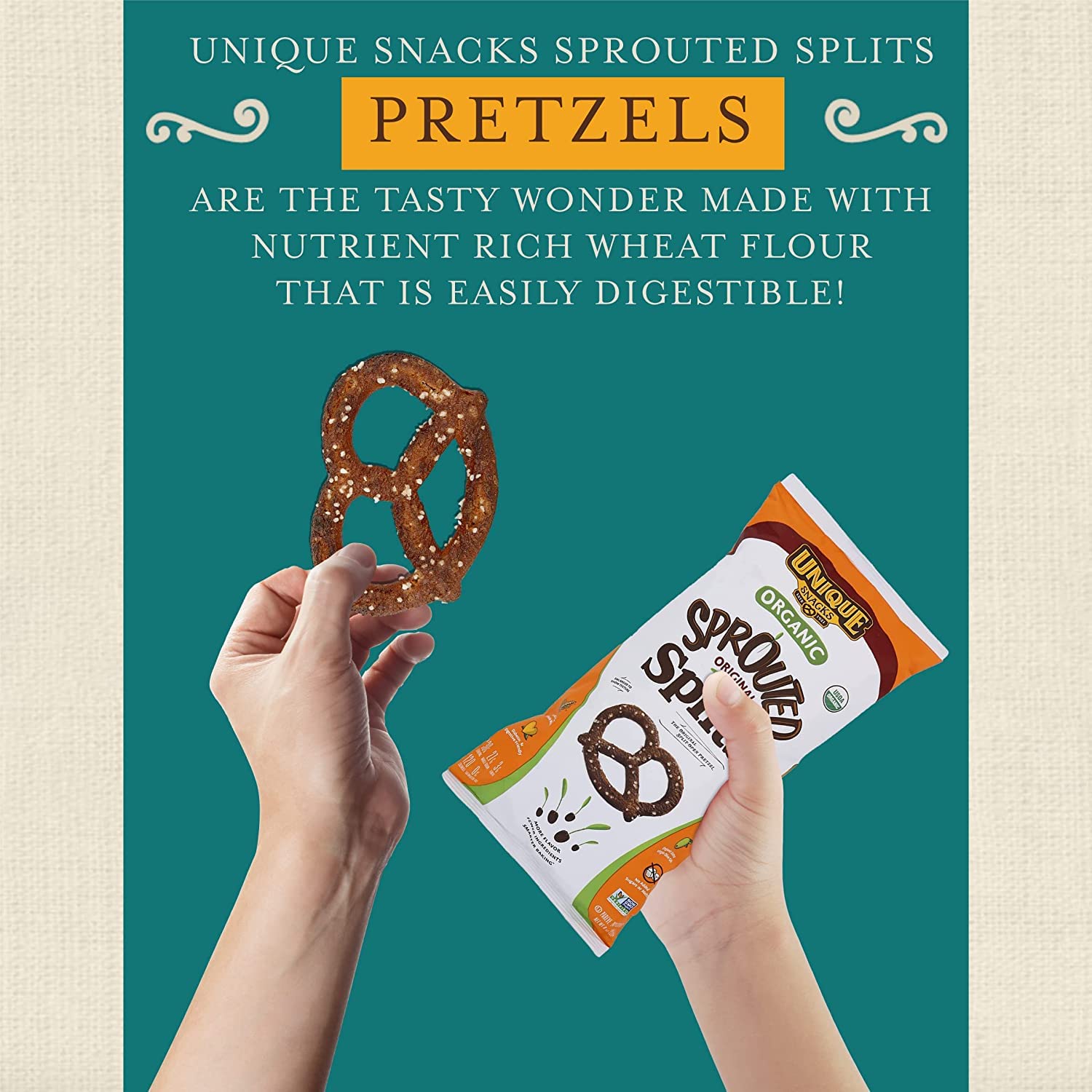 Unique Snacks Sprouted Splits Pretzels, Sprouted Pretzels, Delicious Homestyle Baked Snack Bag, OU Kosher, and Non-GMO Food, No Artificial Flavor, 8 Oz. Bag, Pack of 66